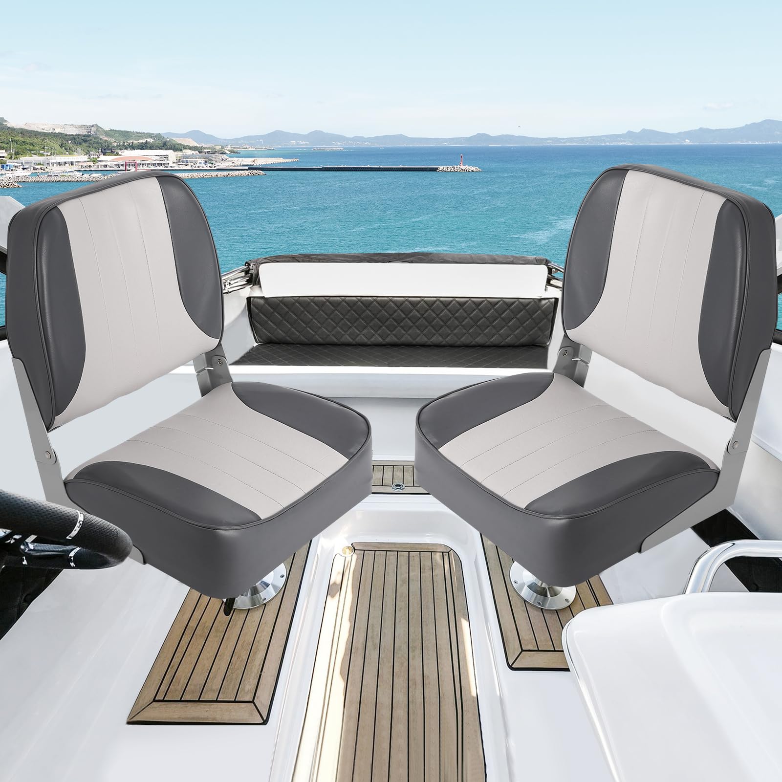 light gray low back boat seats installed on a boat deck