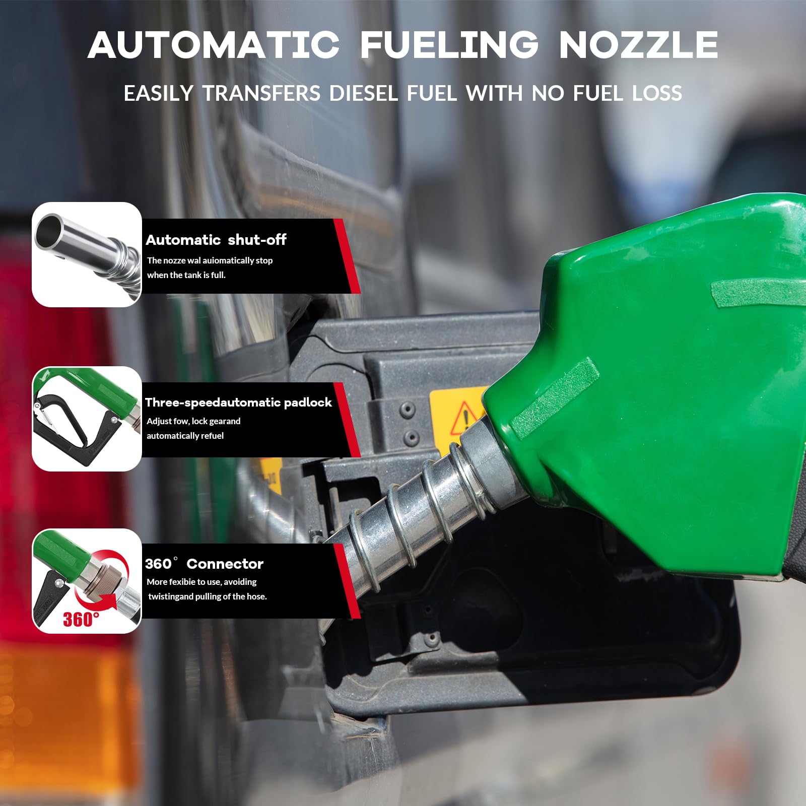 Automatic green fuel nozzle with shutoff mechanism, flow control, and 360 degree connector