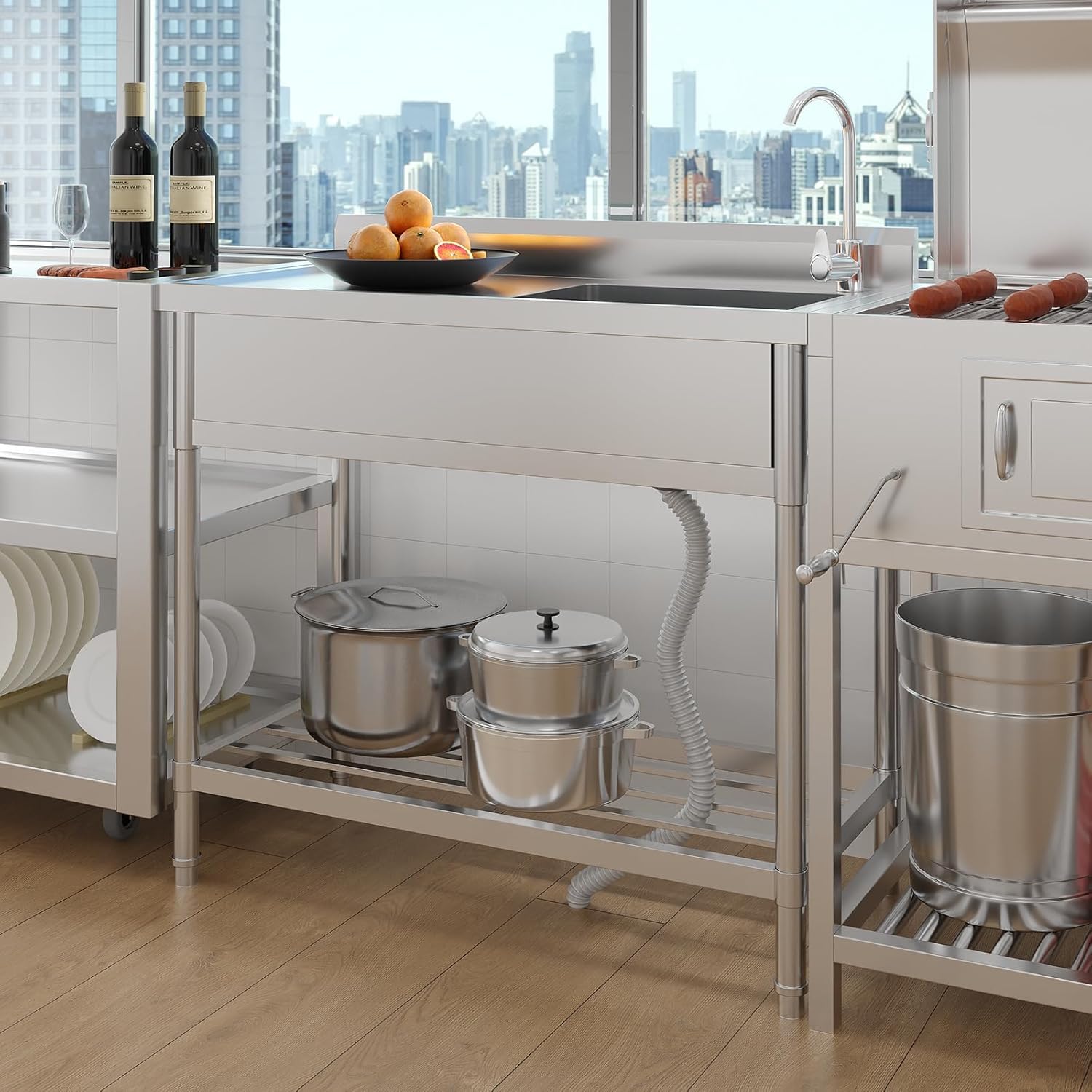 Garvee single bowl sink with workbench and open storage shelves