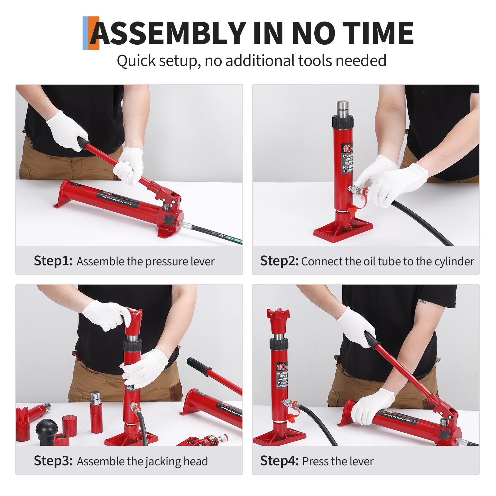 Step by step setup sequence for a red hydraulic porta power kit