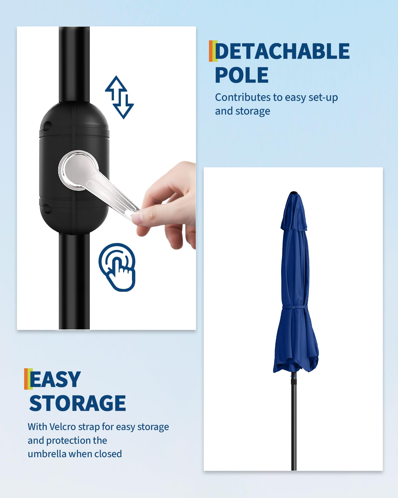 Detachable patio umbrella pole and closed navy canopy prepared for storage