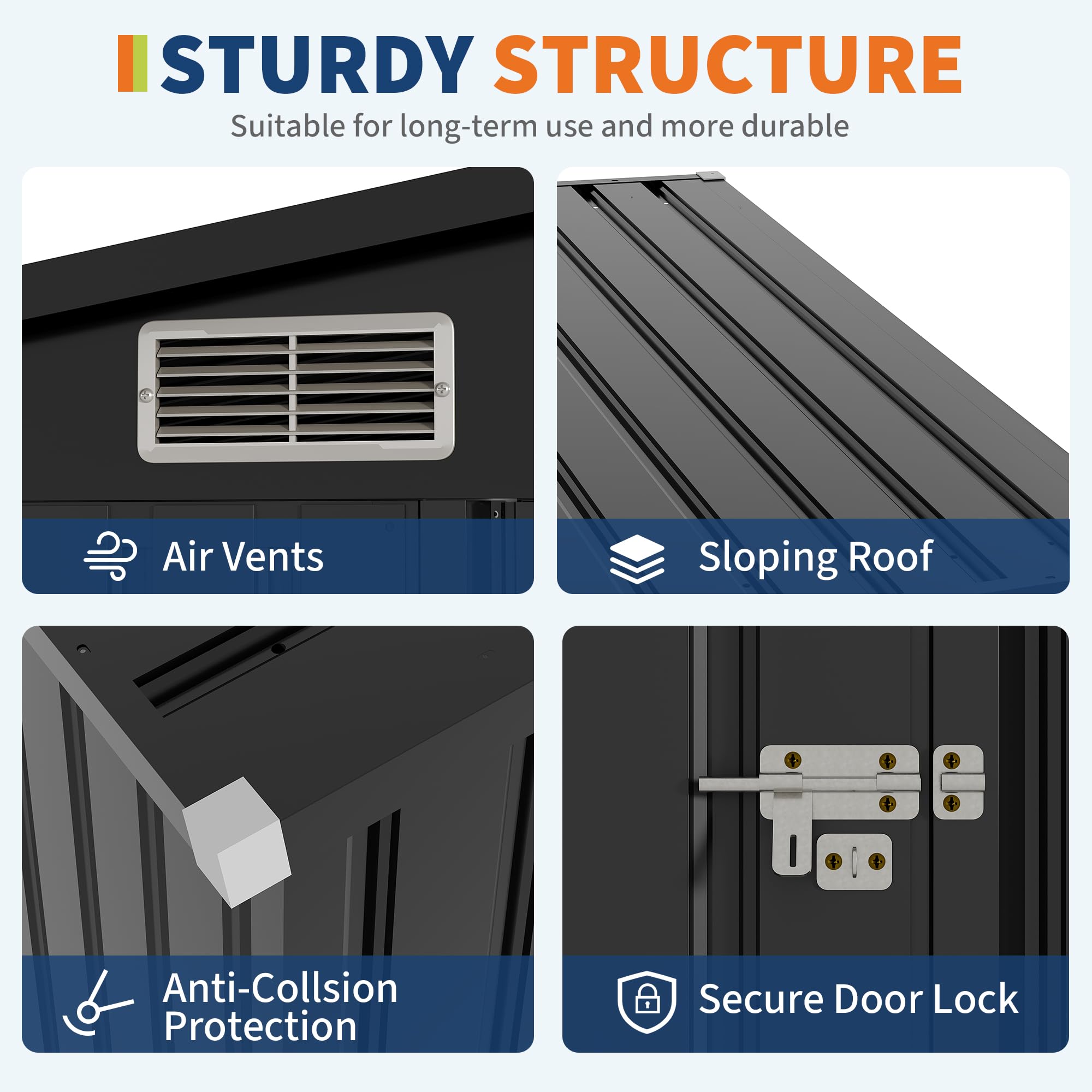 Gray metal storage shed sturdy structure details with air vents sloping roof anti-collision protection and secure door lock
