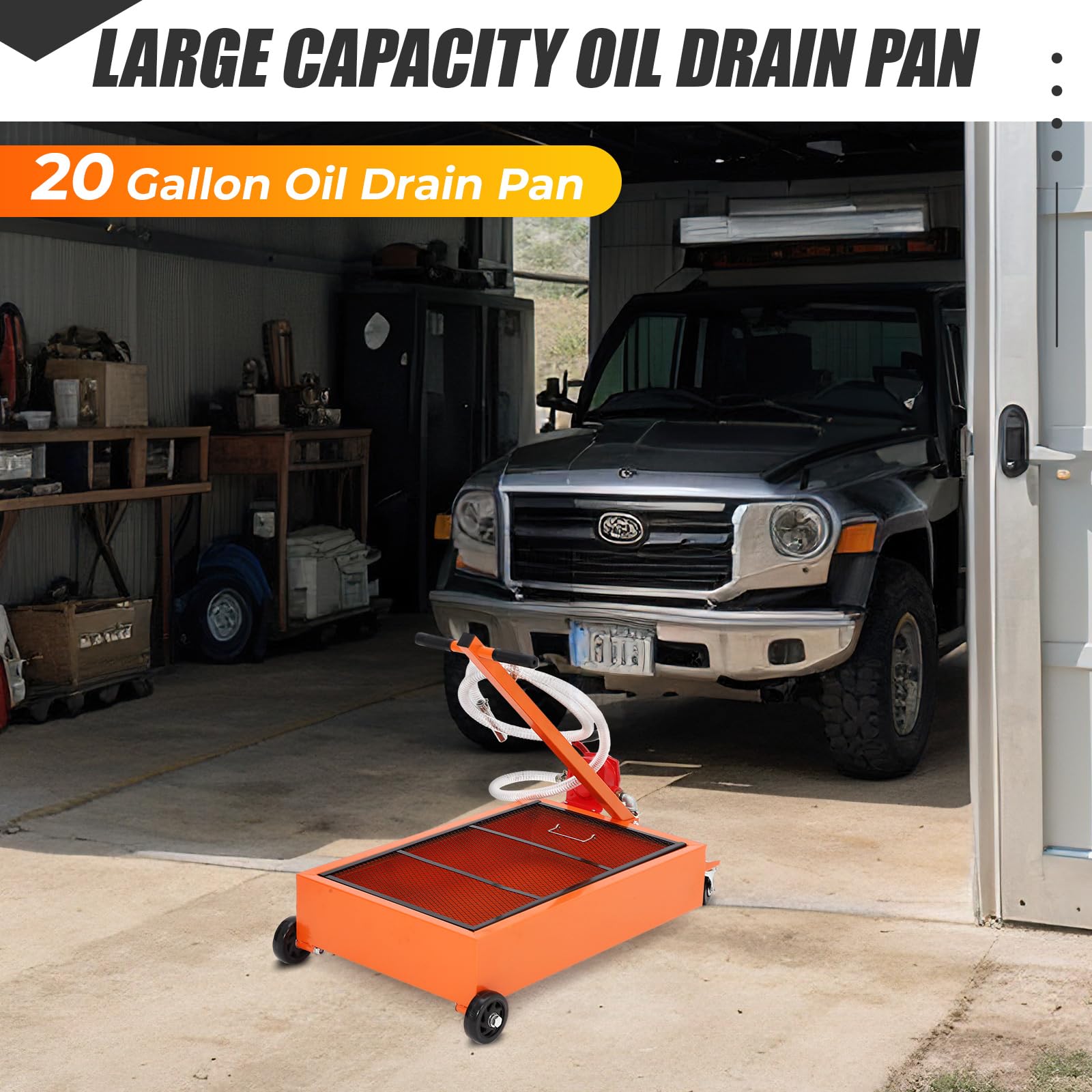 Orange 20 gallon low profile oil drain pan in a garage near a truck