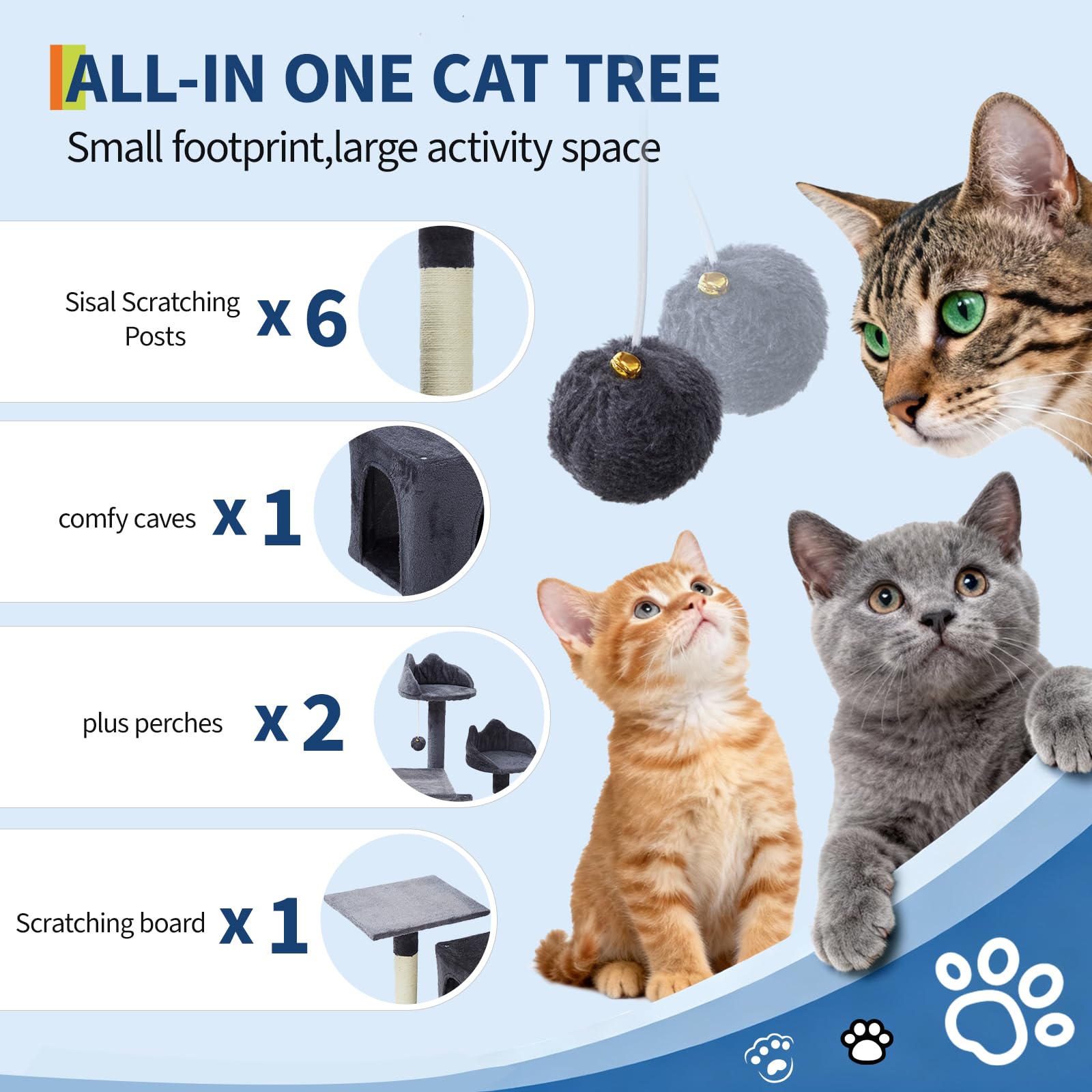 Dark grey all in one cat tree with sisal posts, perches, condo, scratching board, and hanging toys