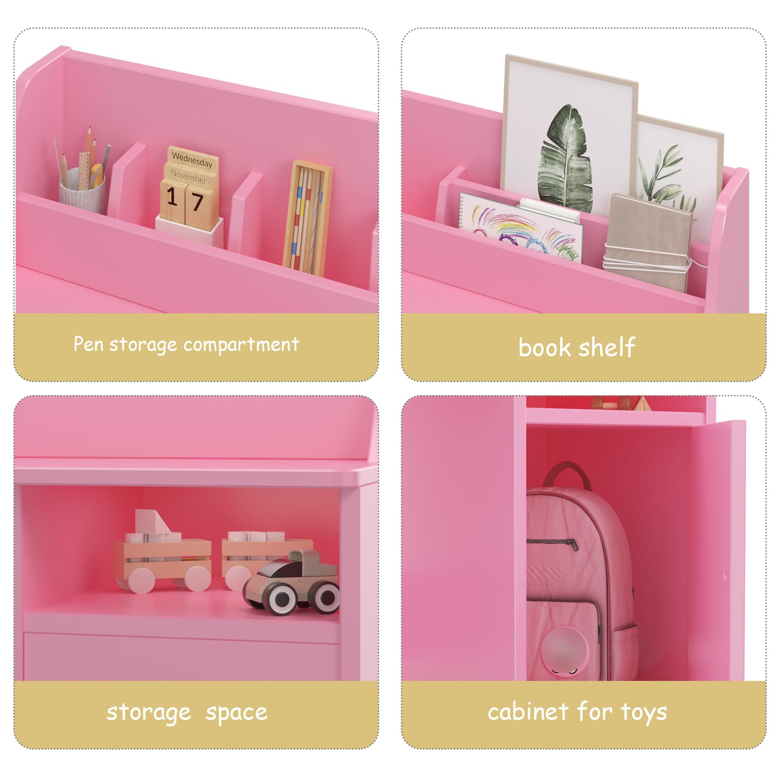 Kids desk storage cabinet and open storage space