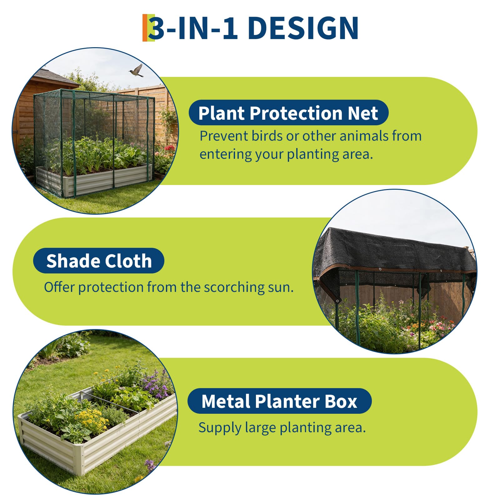 Plant protection net and 3-in-1 raised garden bed design