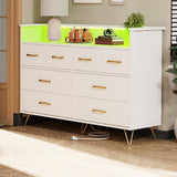 Garvee Dresser TV Stand with Charging Station and LED Lights, 8-Drawer Modern Wooden TV Stand for Bedroom, Living Room, Entryway, Metal Handles, RGB Lighting - White