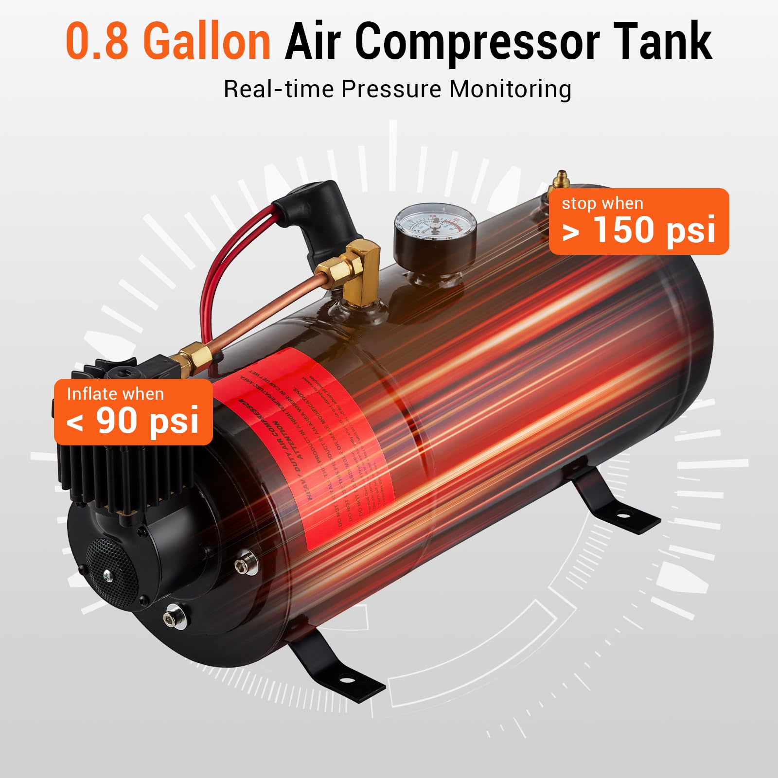 0.8 gallon air compressor tank with real-time pressure monitoring and 150 PSI stop