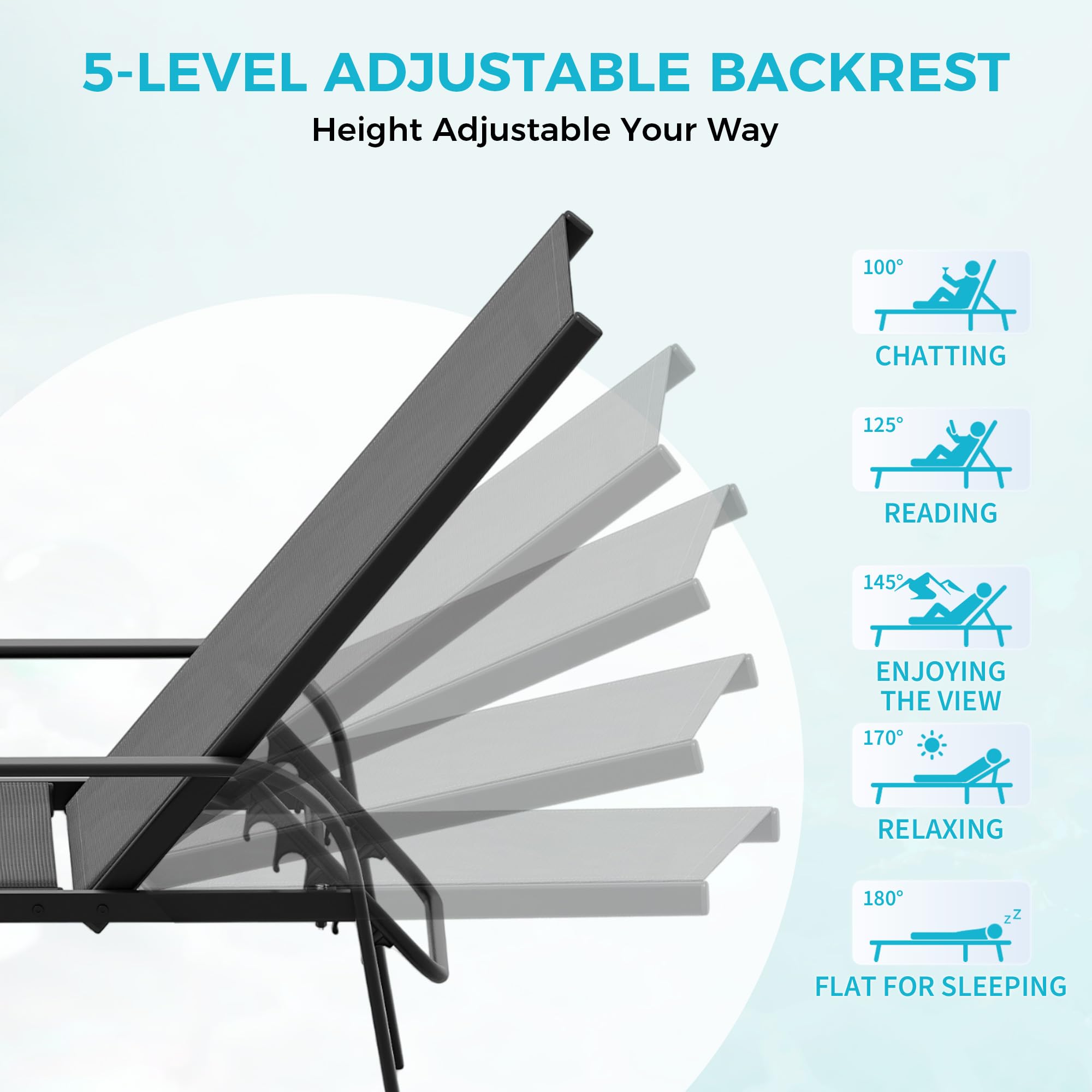 grey outdoor chaise lounge showing 5 adjustable backrest positions from upright to flat