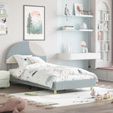 Garvee Twin Bed Frame Upholstered Round Boucle Headboard Arch-Shaped Design Soft Blue White Modern Kids Bed Wooden Slats No Box Spring Easy Assembly - Blue Ivory