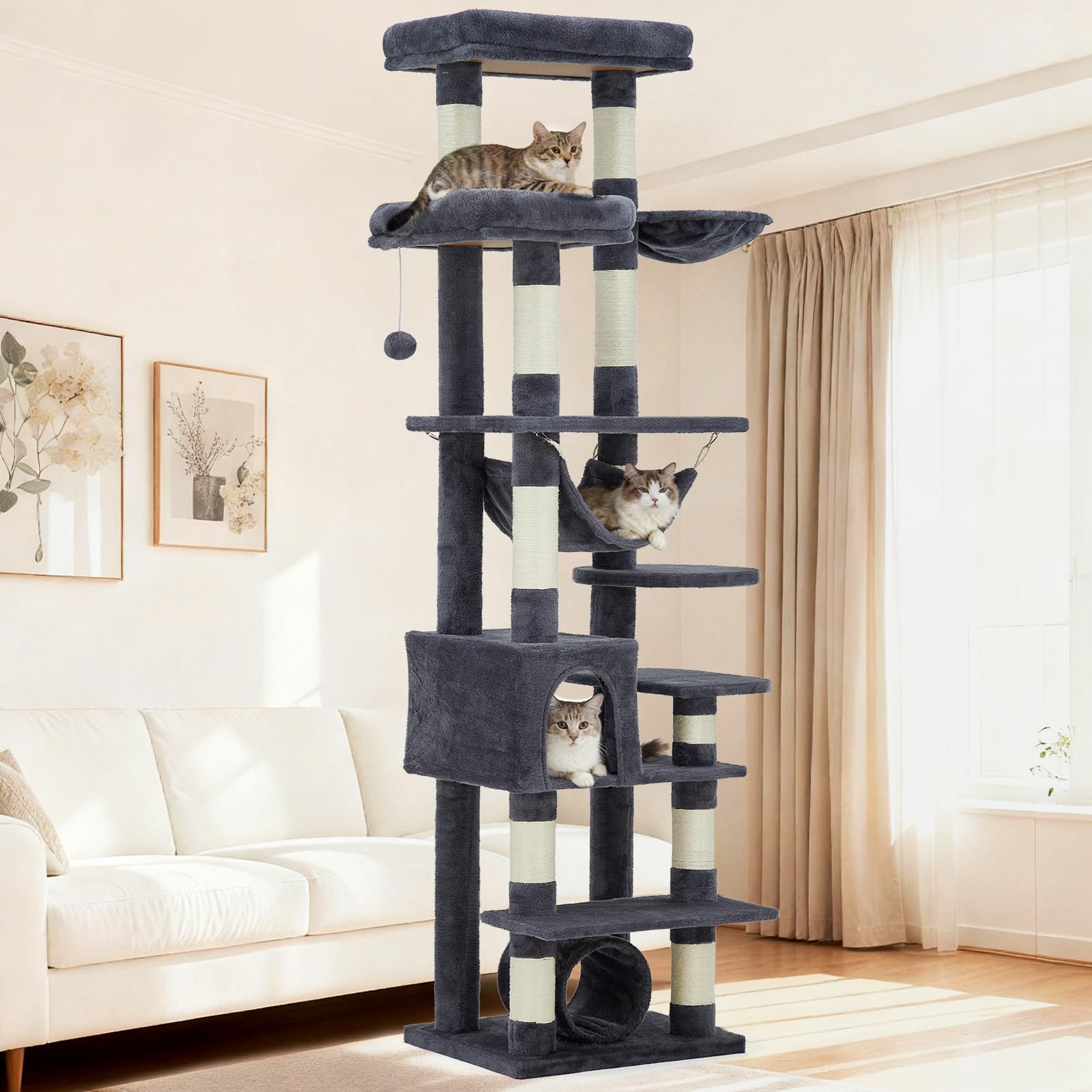 Deep gray 74 inch cat tree with tall tiered platforms for climbing