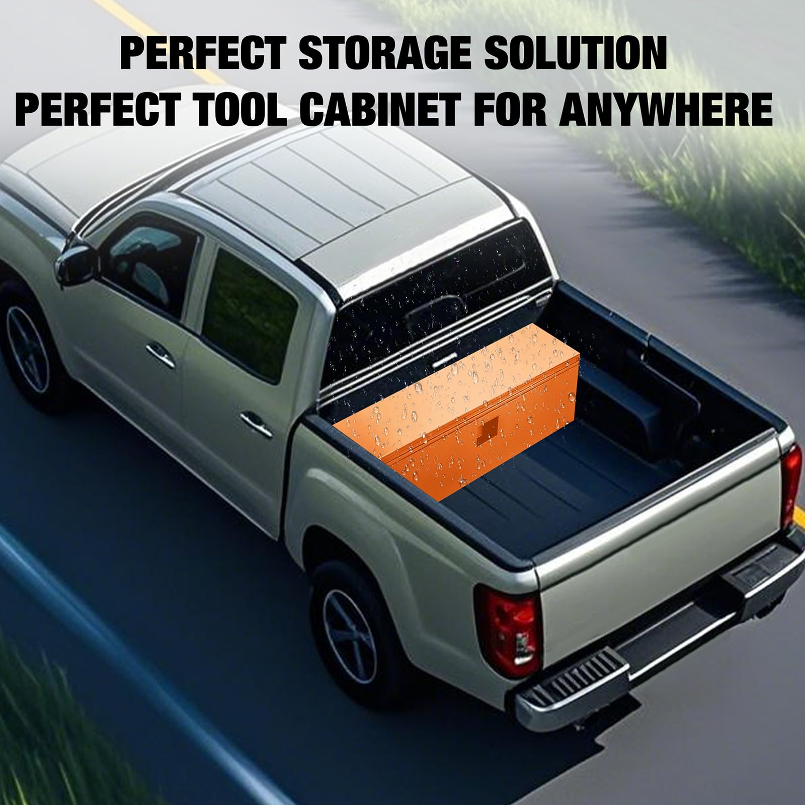 Tool box mounted in pickup truck bed for on-the-road storage