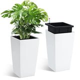 Garvee 16 Inch Tall Rectangular Planters Set of 2 Large Modern Plant Pots with Drainage Holes＆Water Level Monitor＆Wheels Outdoor and Indoor for Patio, Porch, Living Room, or Home Office, White - White