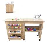 Garvee Folding Sewing Table Compact Design Multipurpose Craft Station Side Desk Lockable Wheels Storage Shelves Magnetic Locks 47.24x15.75x31.02 Inches - Natural Wood