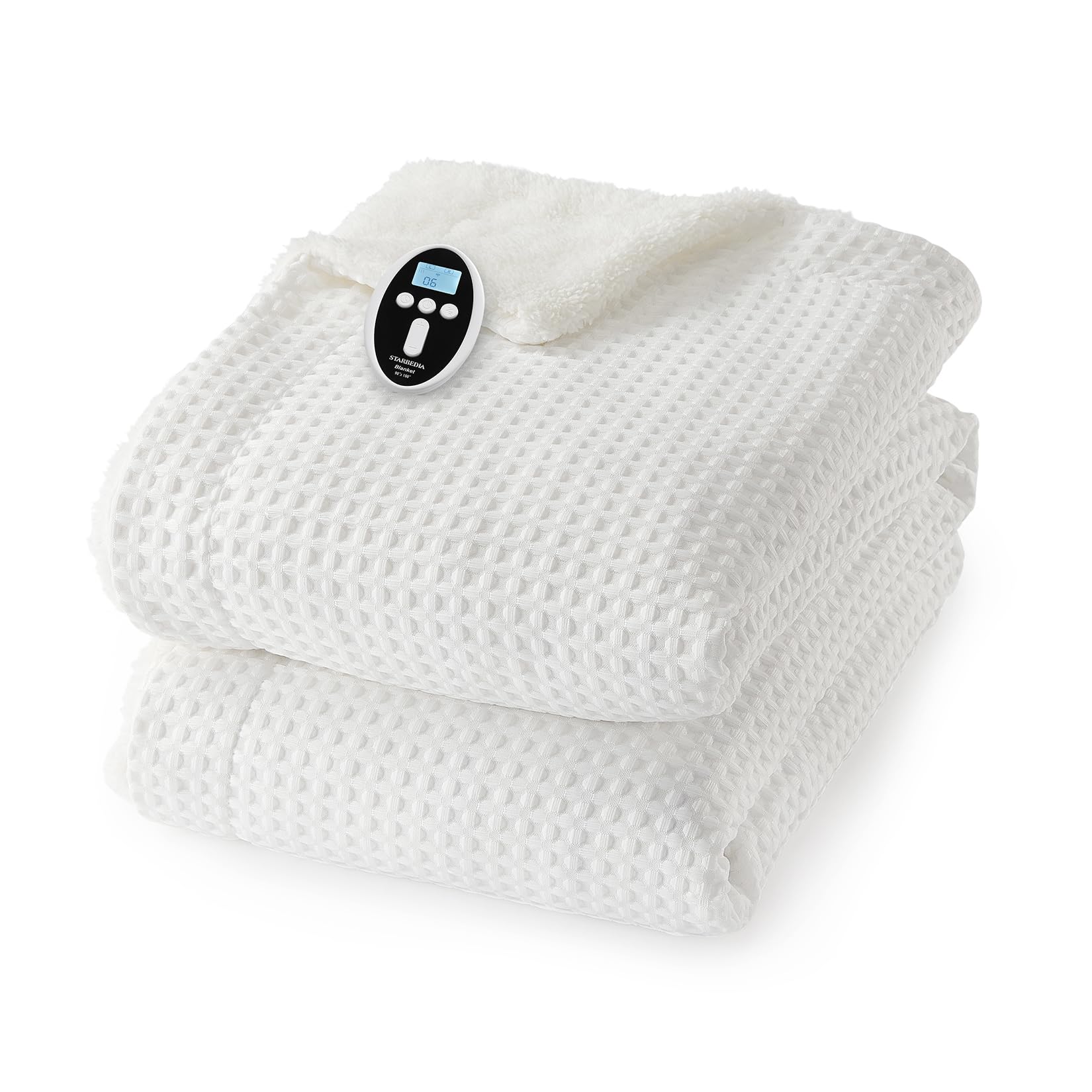 Waffle heated throw blanket folded with LCD controller