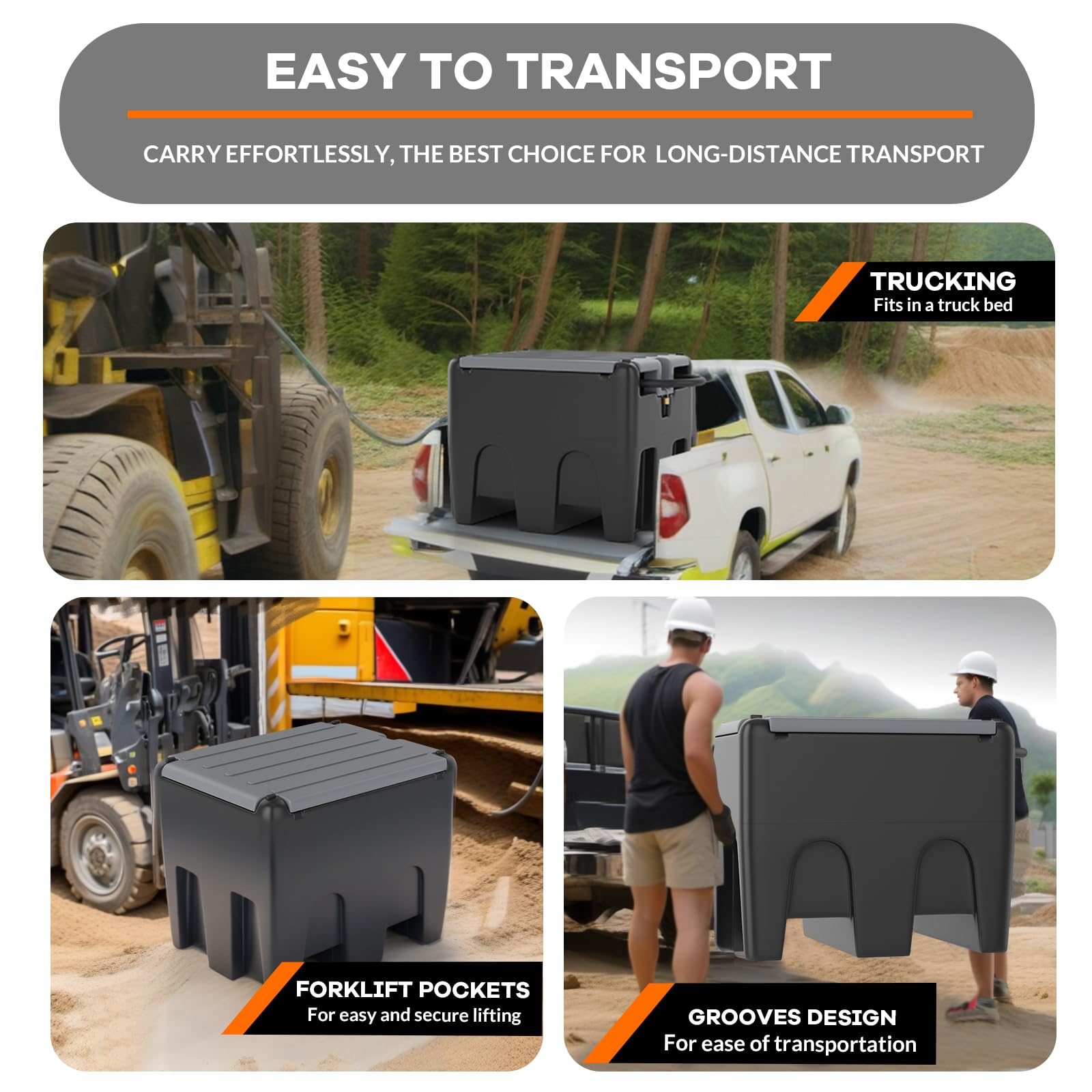 Black portable fuel tank shown in truck bed, forklift lifting, and manual handling transport scenarios