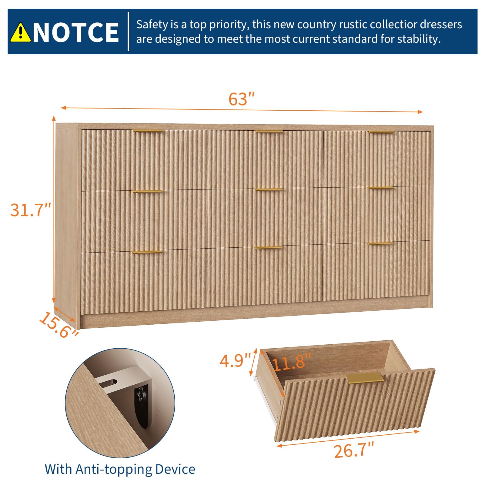 Overall dimensions and anti-tipping device for safety