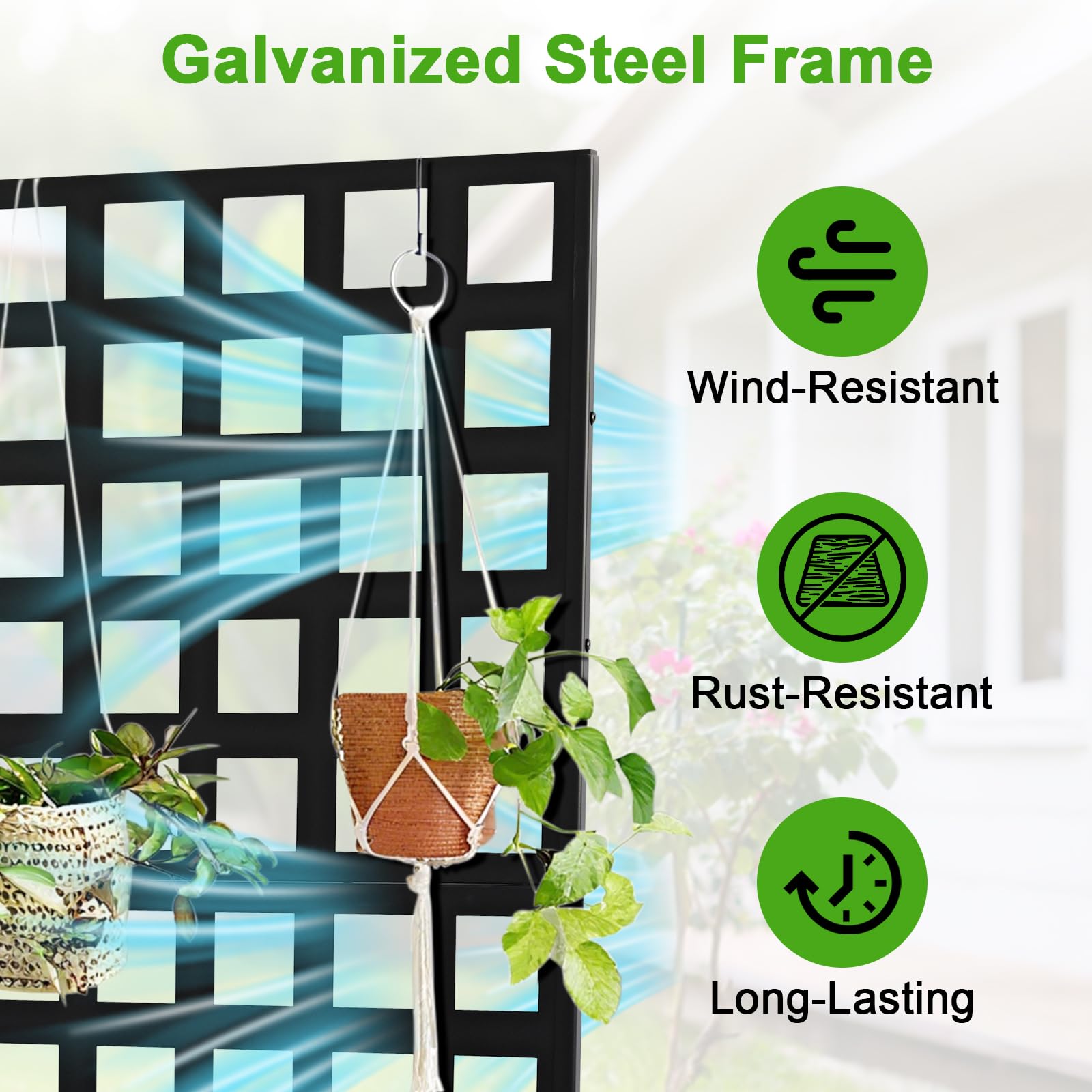 black grid trellis planter highlighting galvanized steel wind and rust resistance