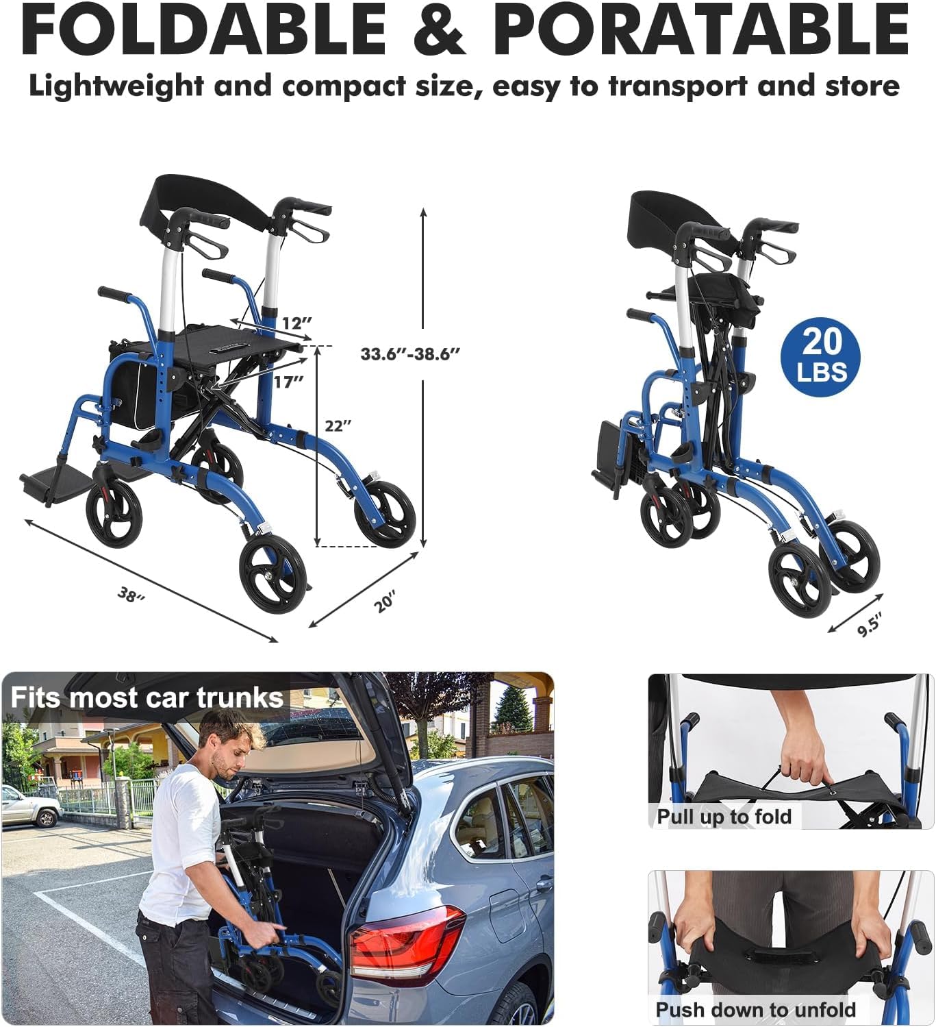 Foldable rollator walker fits in car trunks for travel and storage