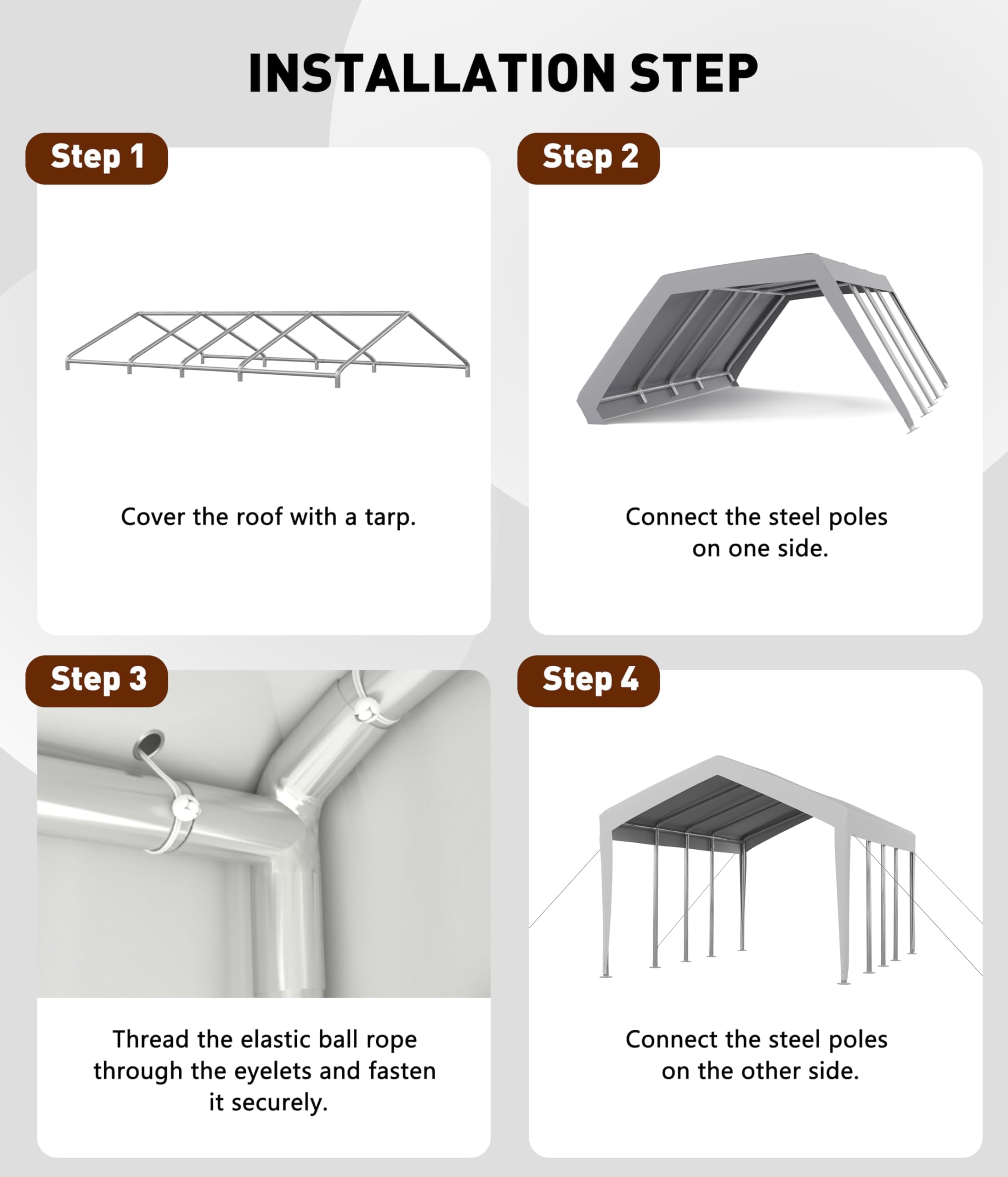 Four-step installation guide for securing a PE carport canopy to a frame