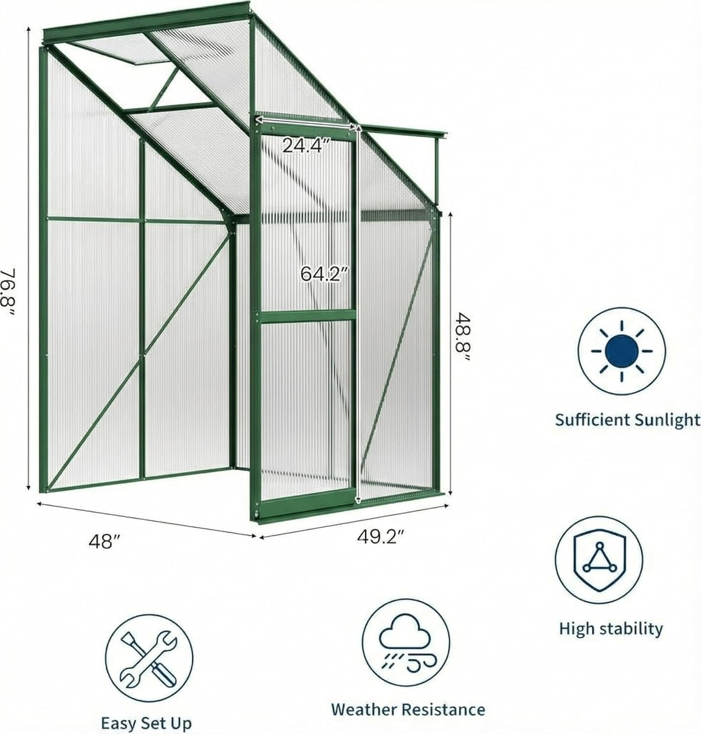 Green 4 x 4 ft polycarbonate greenhouse dimension diagram with 48 inch by 49.2 inch footprint and 76.8 inch height