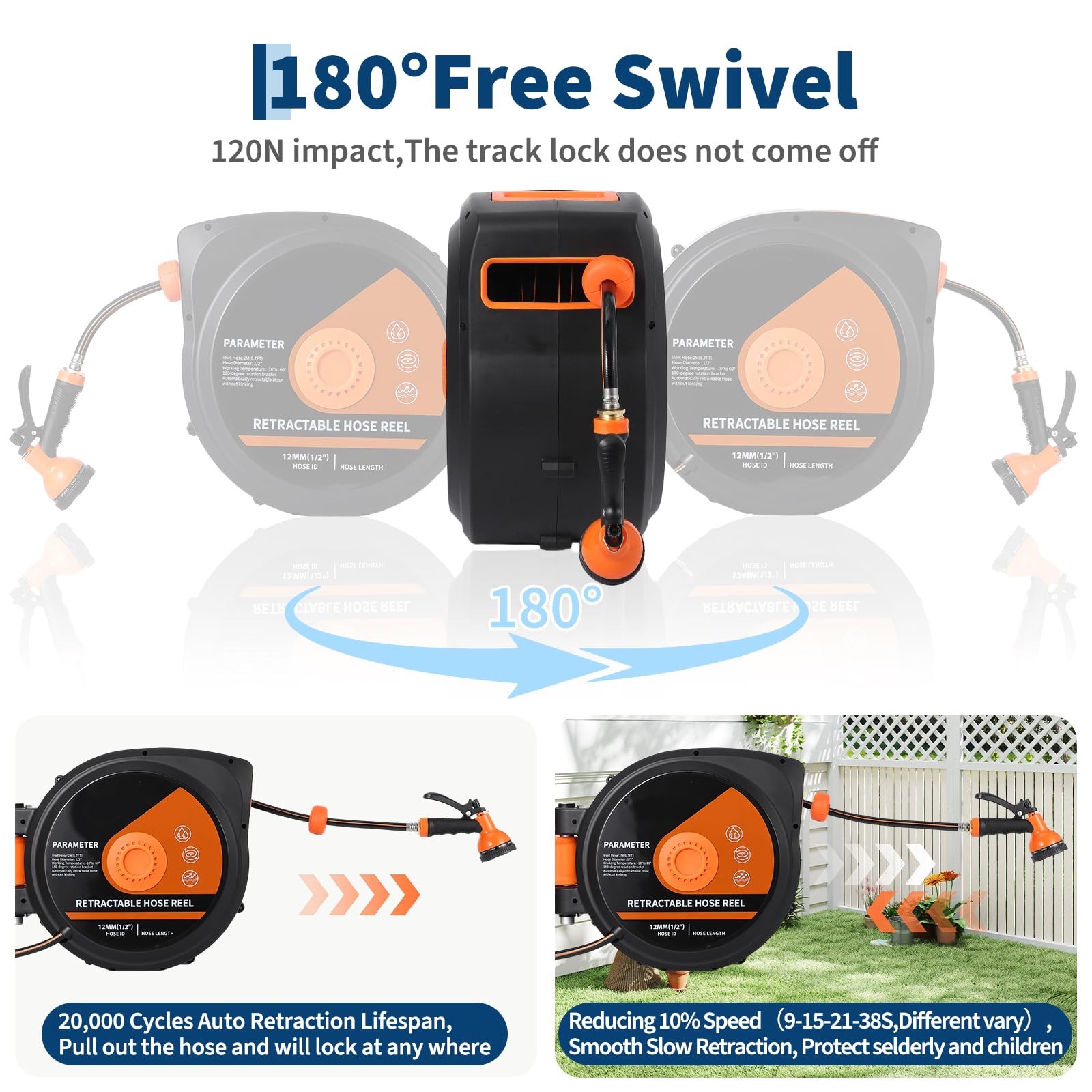 Black and orange retractable hose reel demonstrating automatic retraction, length locking, and swivel movement