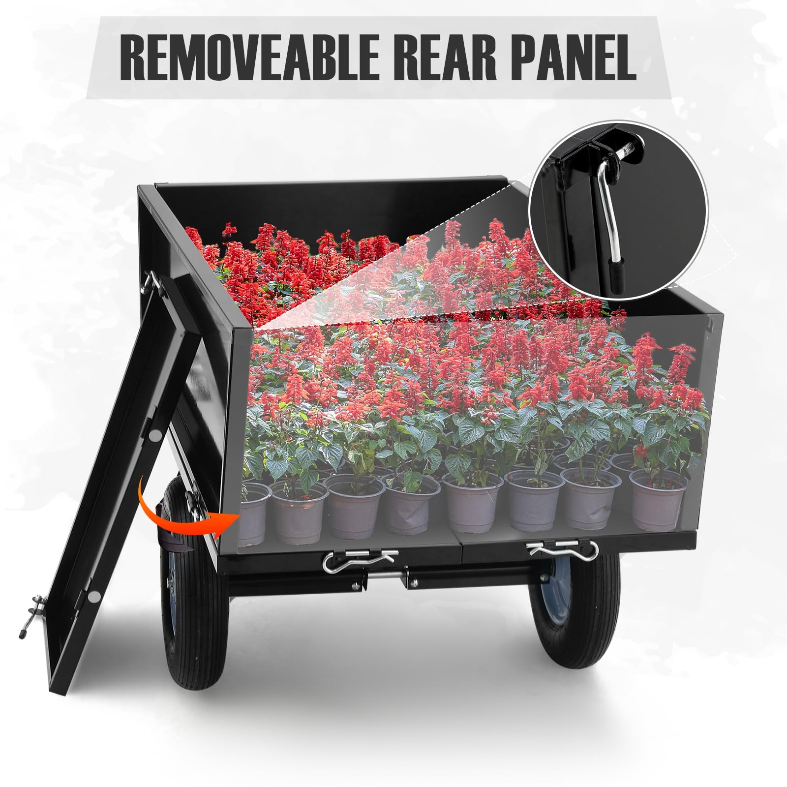 Removable rear panel on heavy duty tow behind dump cart