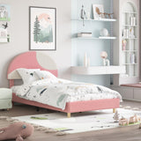 Garvee Twin Bed Frame with Round Boucle Headboard, Upholstered Arch-Shaped Design, Modern Kids Wooden Slats Bed, Soft Pink & White, No Box Spring Required - Pink Ivory