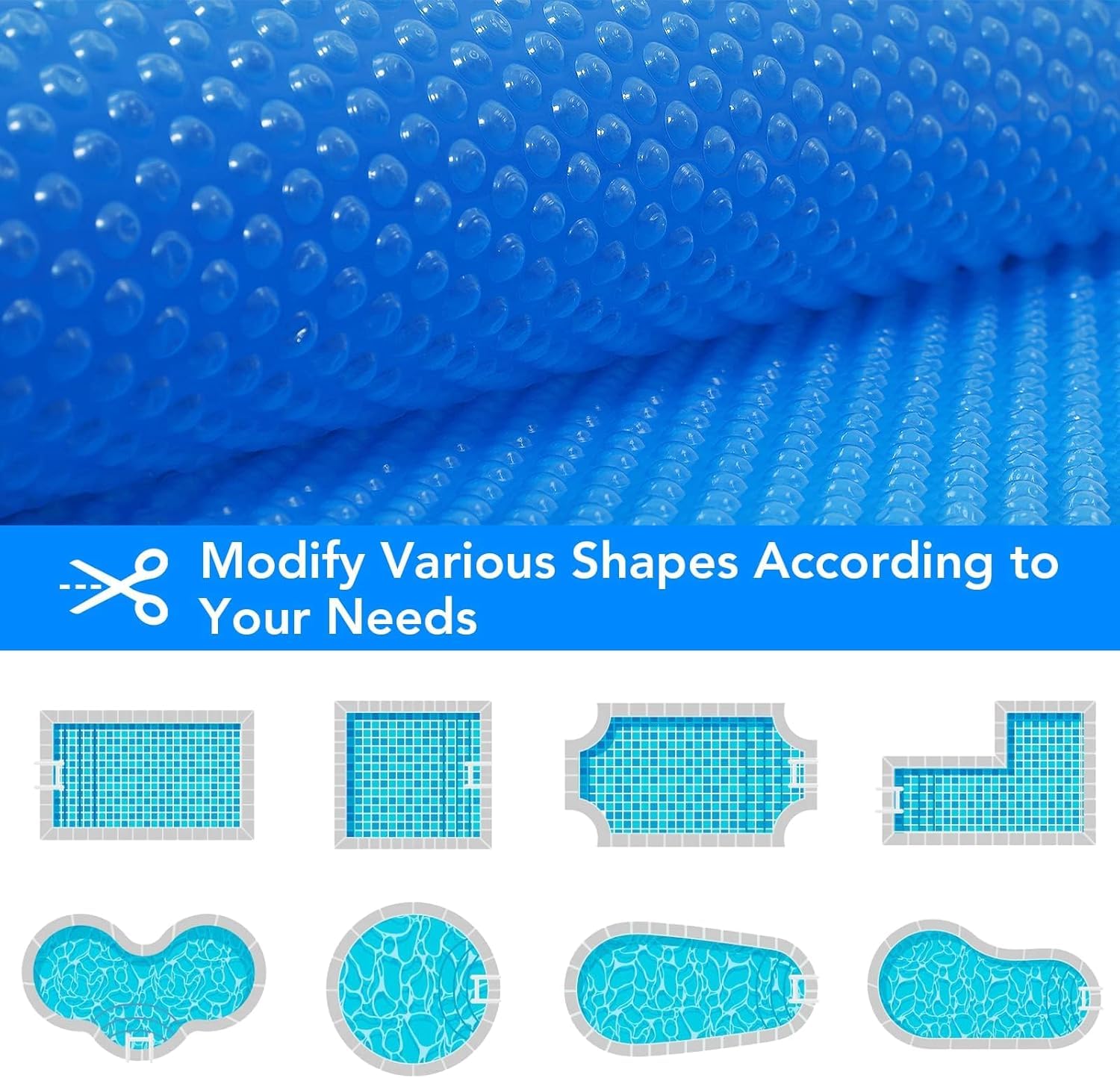 Blue bubble pool cover shown with diagrams of multiple pool shapes