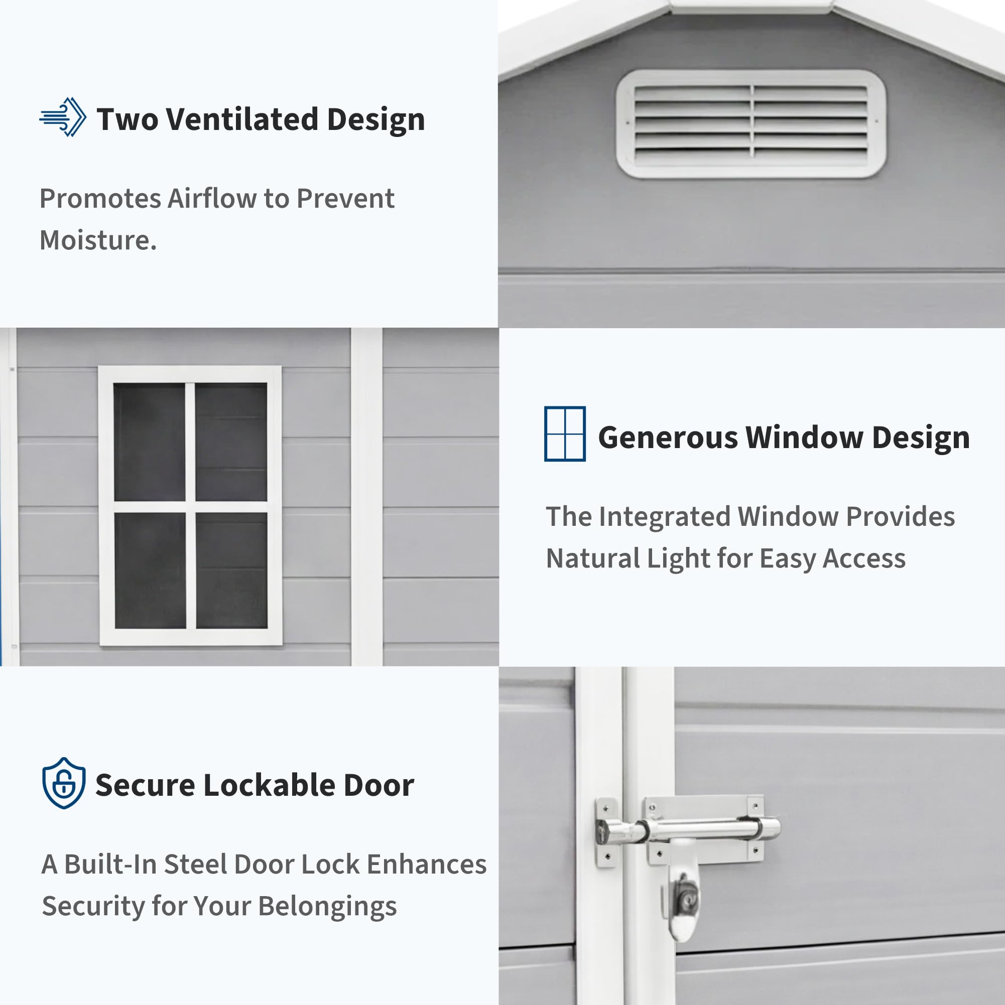 Garvee resin storage shed with ventilation window and secure lockable door details