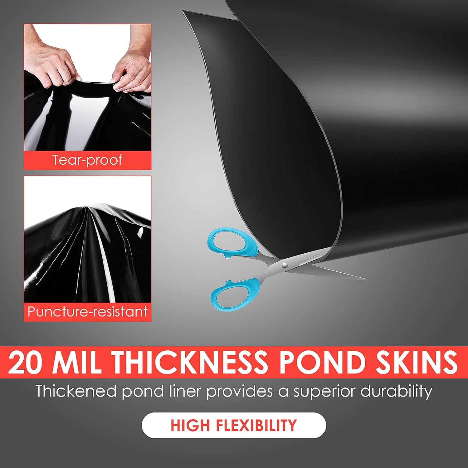 20 Mil black pond liner demonstrating tear resistance, puncture resistance, flexibility, and clean cutting