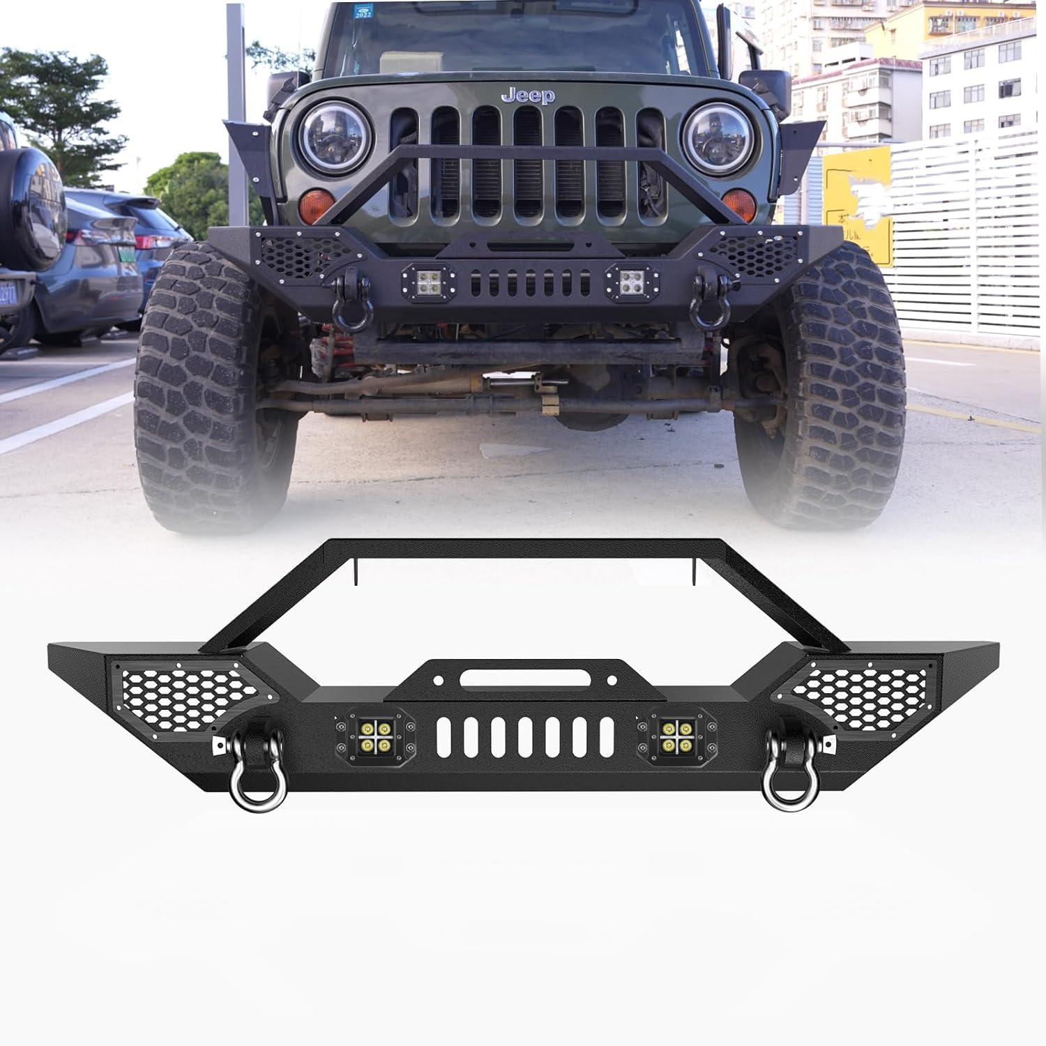 Heavy-duty steel front bumper installed on Jeep in real road scene