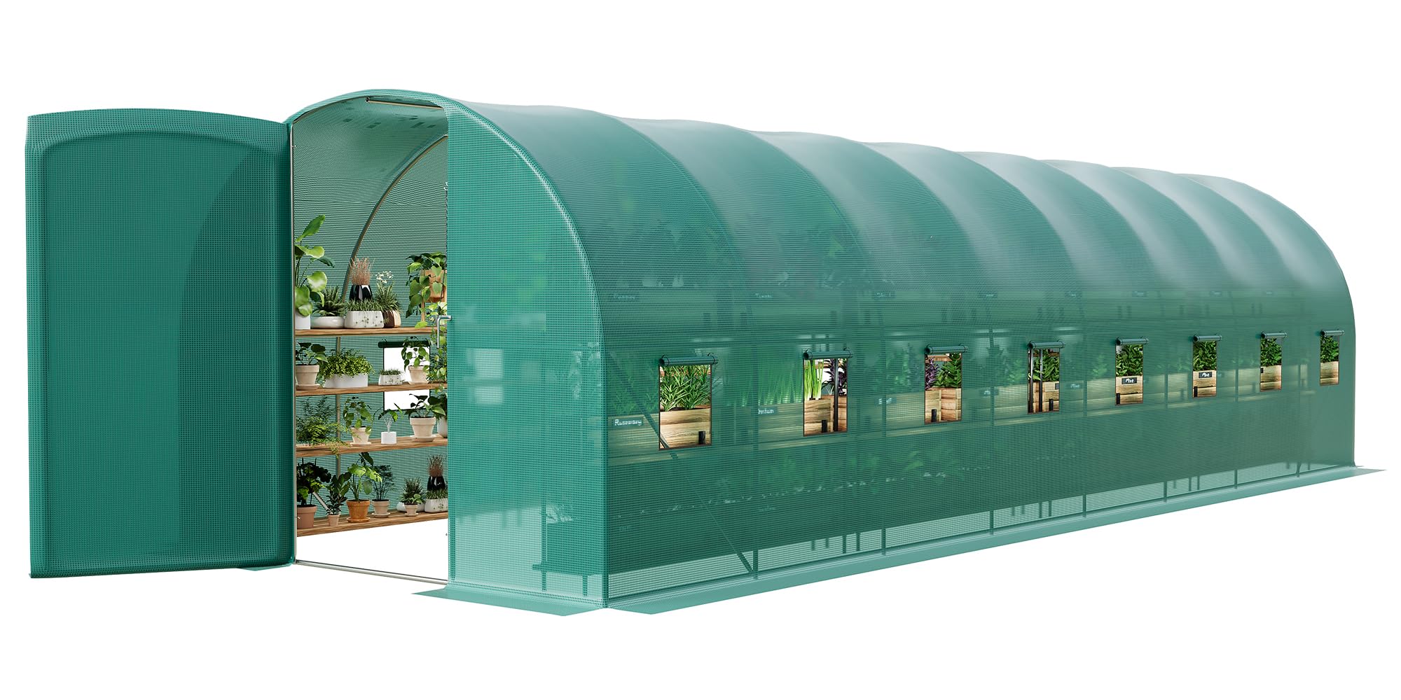 Large green tunnel greenhouse with an open swing door, mesh windows, shelving, and plants