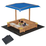 Garvee Wooden Sandbox with Adjustable Canopy, Outdoor Sandpit for Kids, 2 Storage Boxes, Bottom Liner, Natural Wood Color