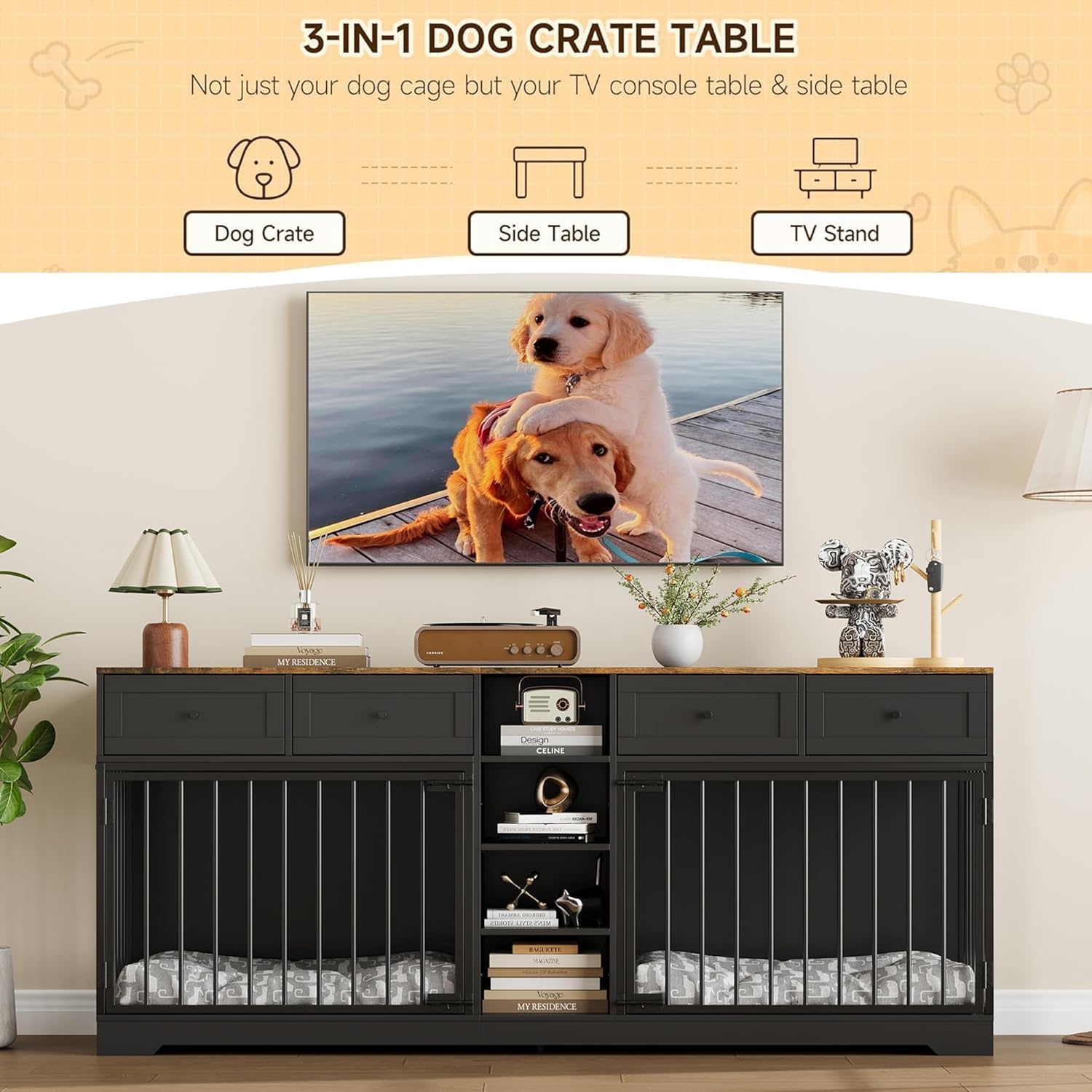 Furniture-style dog crate table used as TV stand