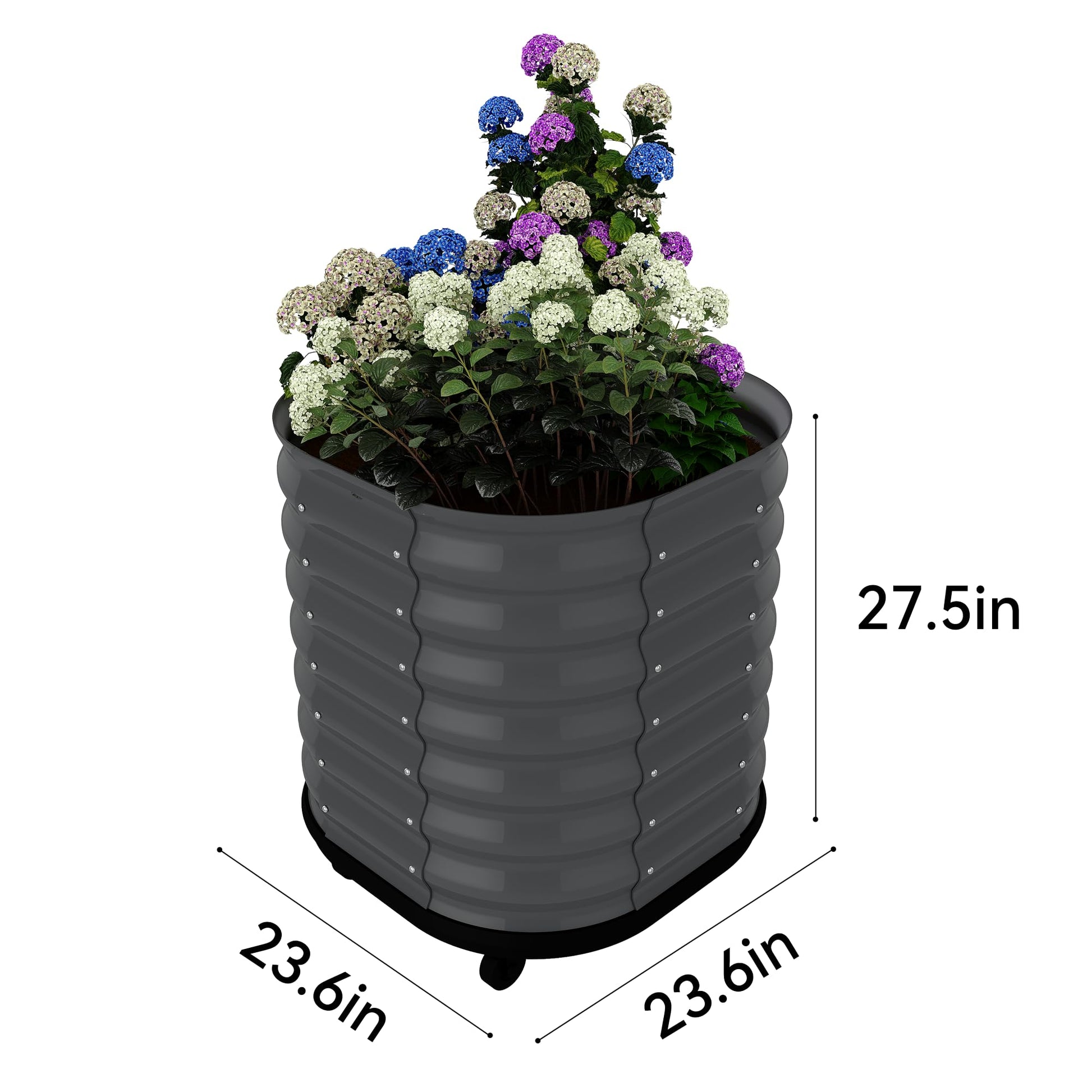 Dimensions of 23.6 by 23.6 by 27.5 inch mobile raised garden bed
