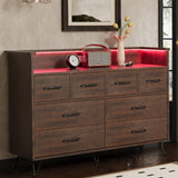 Garvee Dresser for Bedroom with LED Light & Charging Station, 8 Drawers Wooden Dressers with Open Space, Vintage Chest of Wide Drawers for Living Room, Entryway, Hallway, Dark Brown - Antique Dark Color