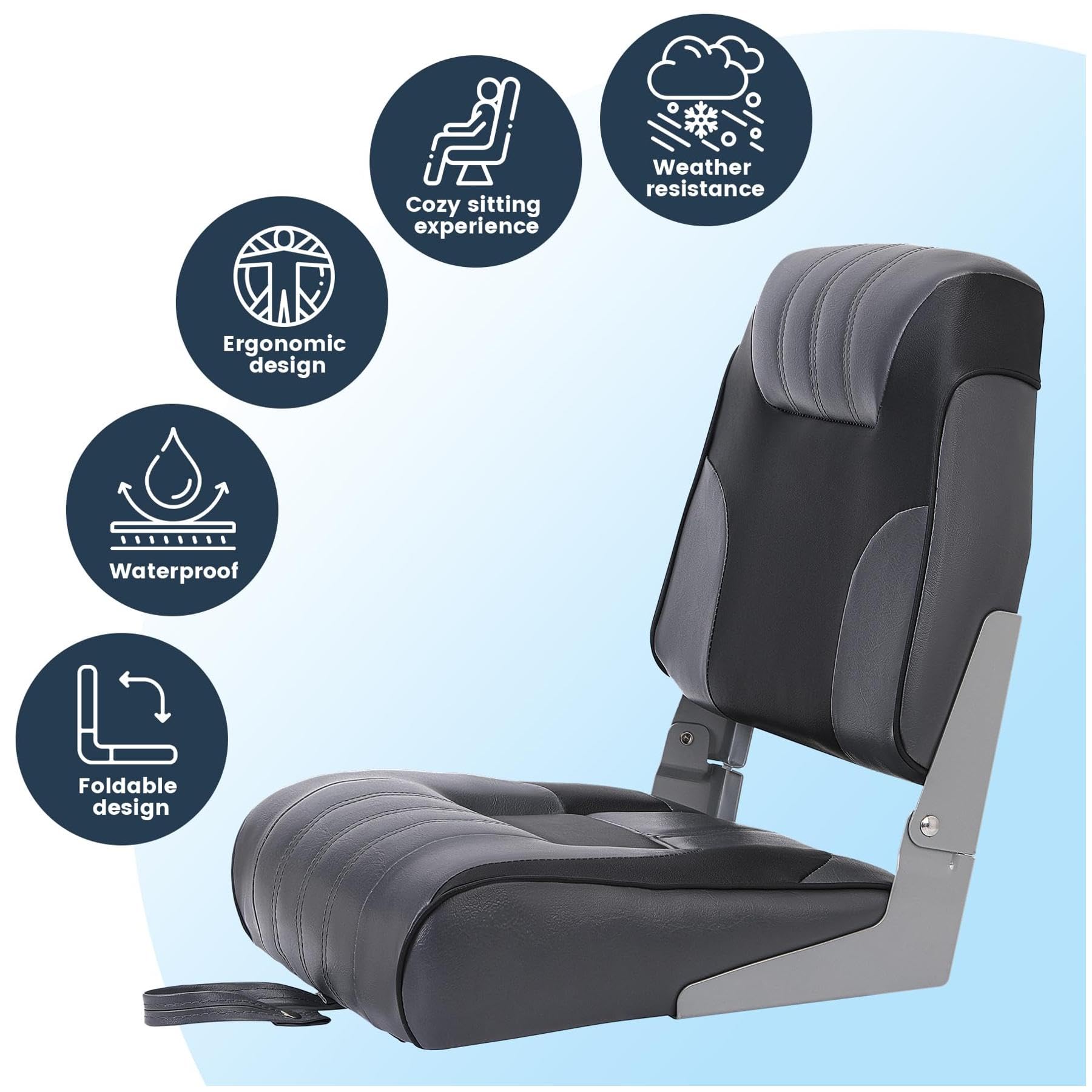 black and gray foldable boat seat with waterproof weather resistance and ergonomic icons