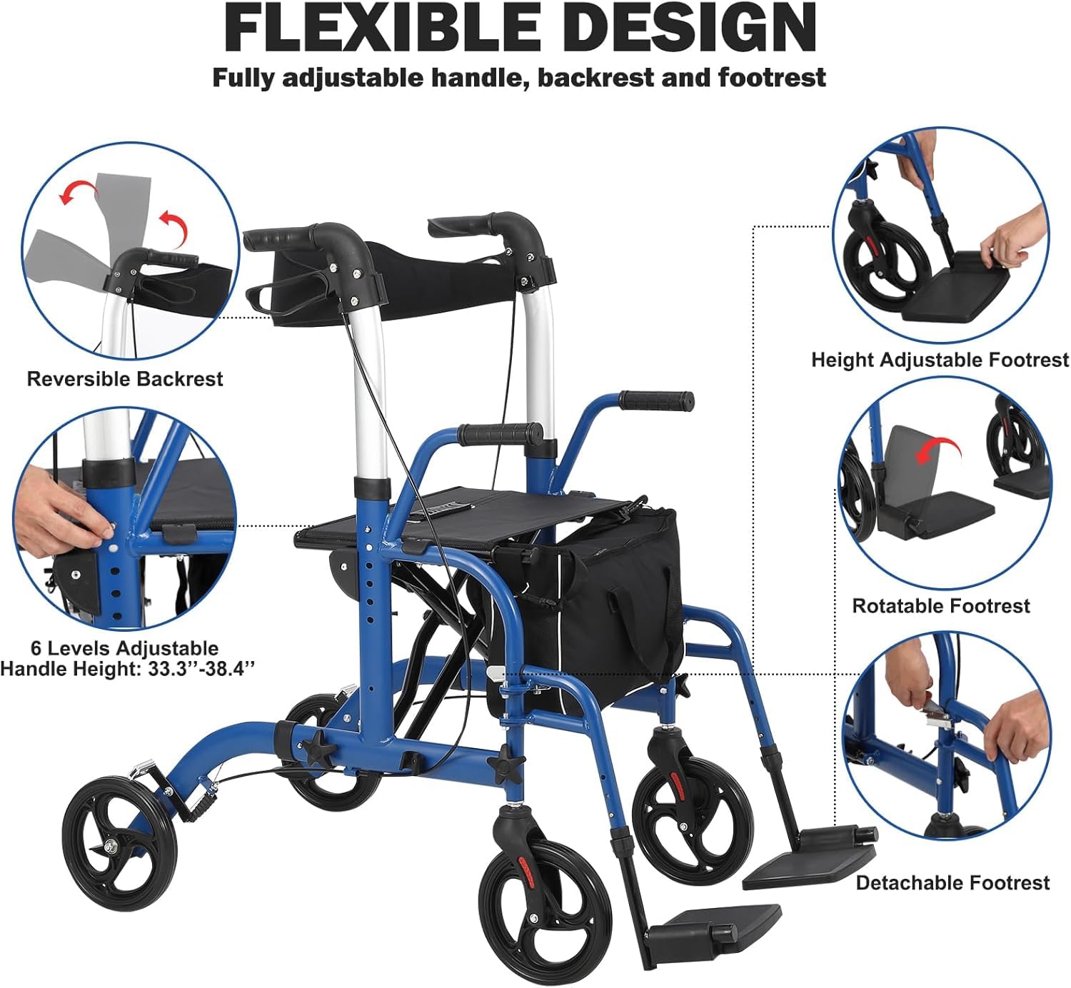 Adjustable handle height, reversible backrest, and detachable footrests