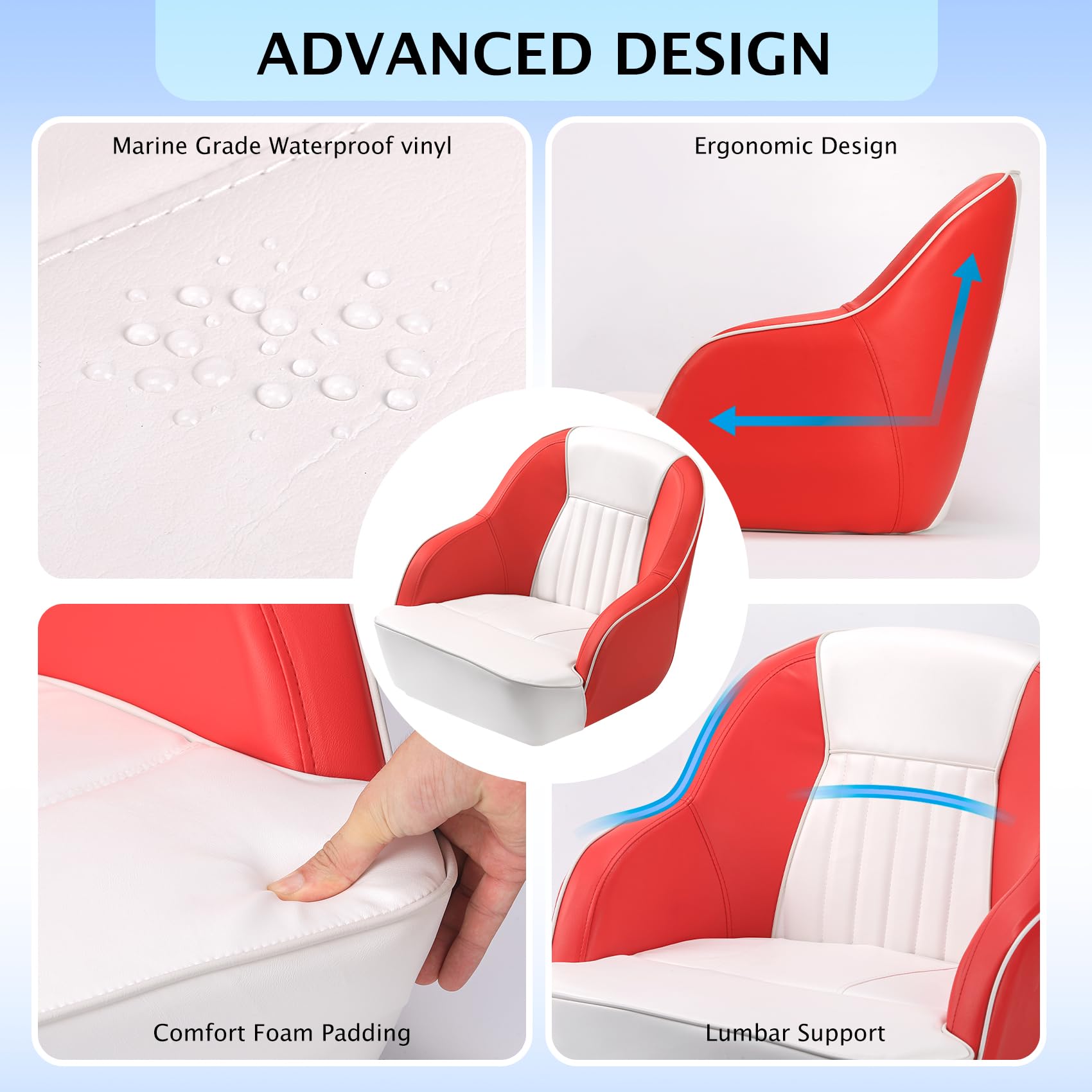 white and red captain boat seat advanced vinyl and ergonomic design details