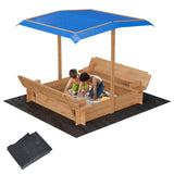 Garvee Kids Wooden Sandbox with Adjustable Canopy, Outdoor Sandbox with Sunshade Cover, Two Foldable Bench Seats, 47.2 Inch, Natural Wood