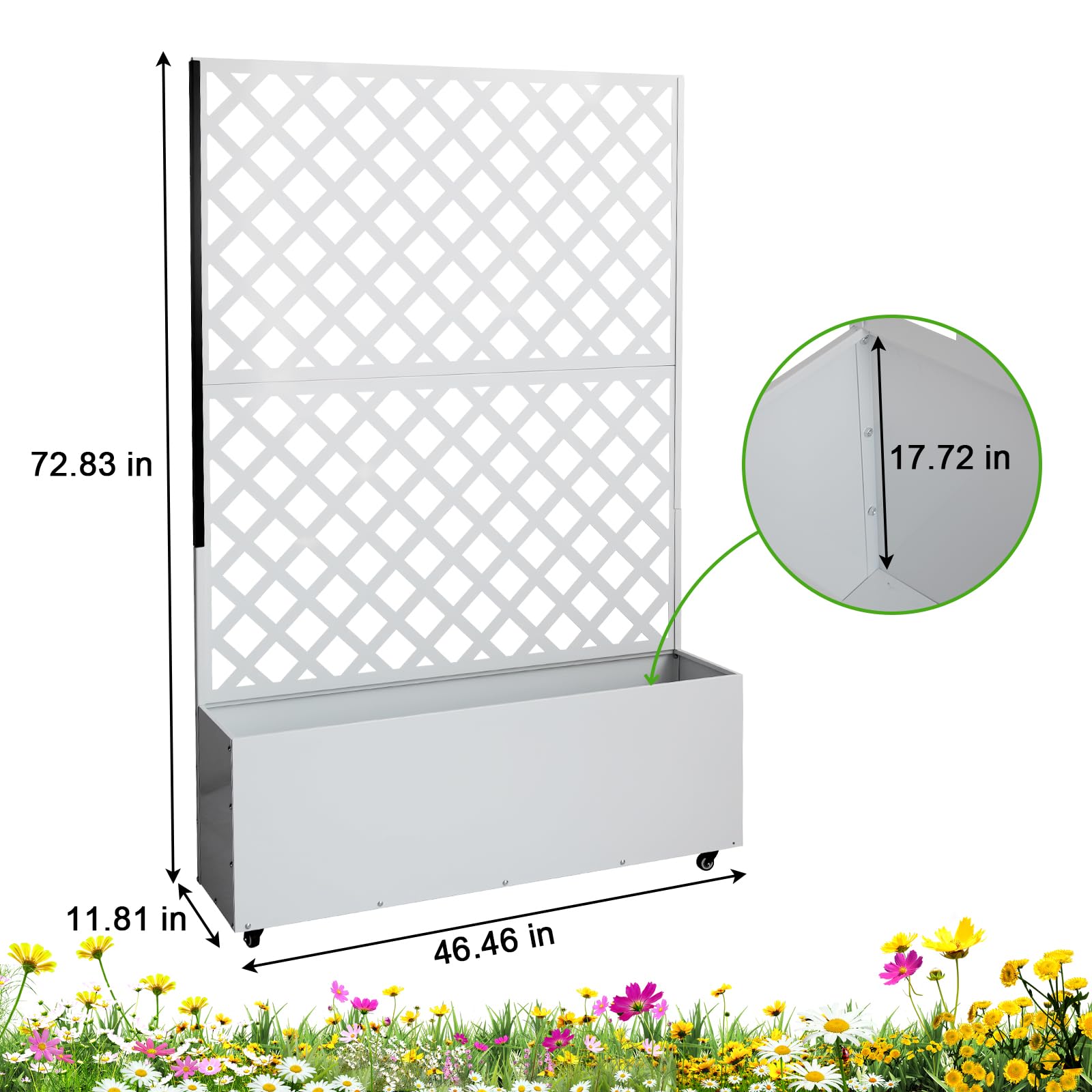white diamond trellis raised planter with labeled 72.83 inch height and 46.46 inch width