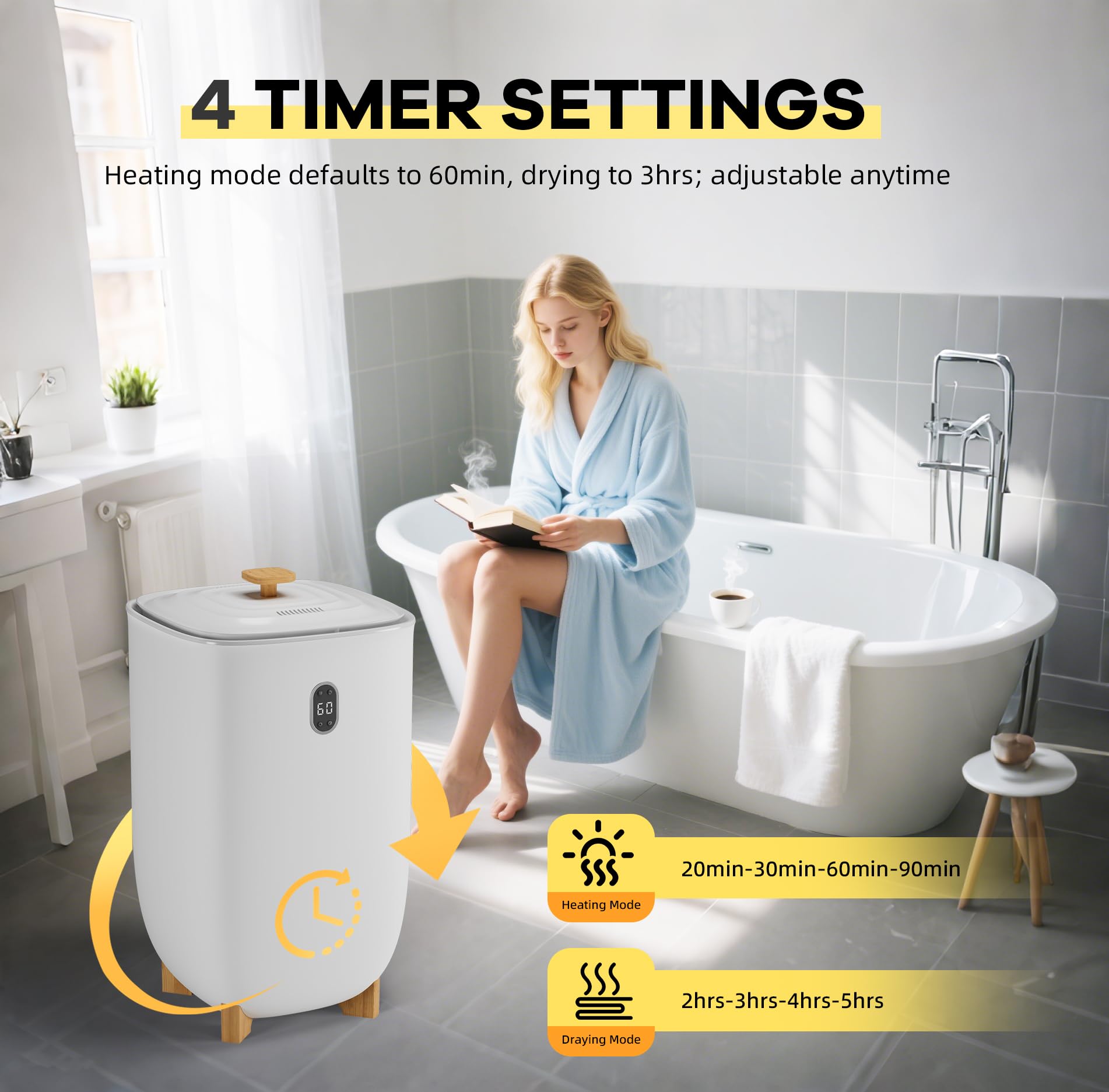 Affichage LED avec 4 réglages de minuterie pour les modes de chauffage et de séchage