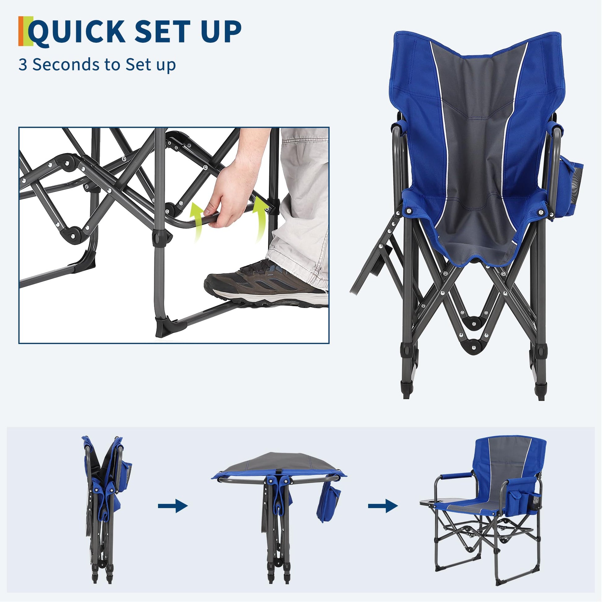Quick fold setup camping directors chair with compact folding steps