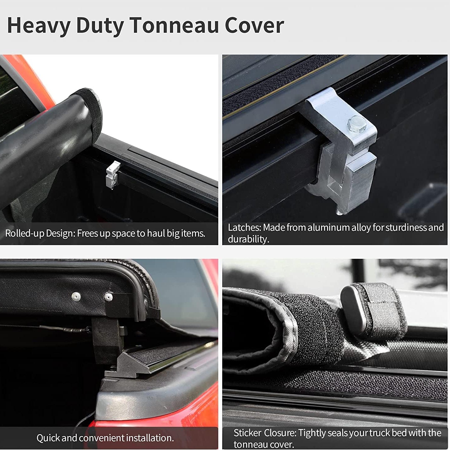 Tonneau cover details showing roll-up design, latches, and sealing closure