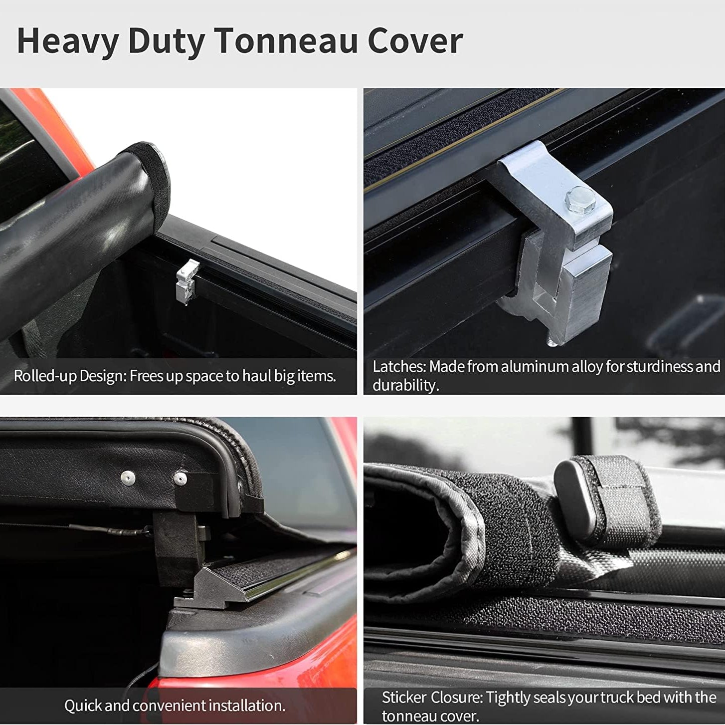 Heavy-duty tonneau cover with sturdy latches and quick installation