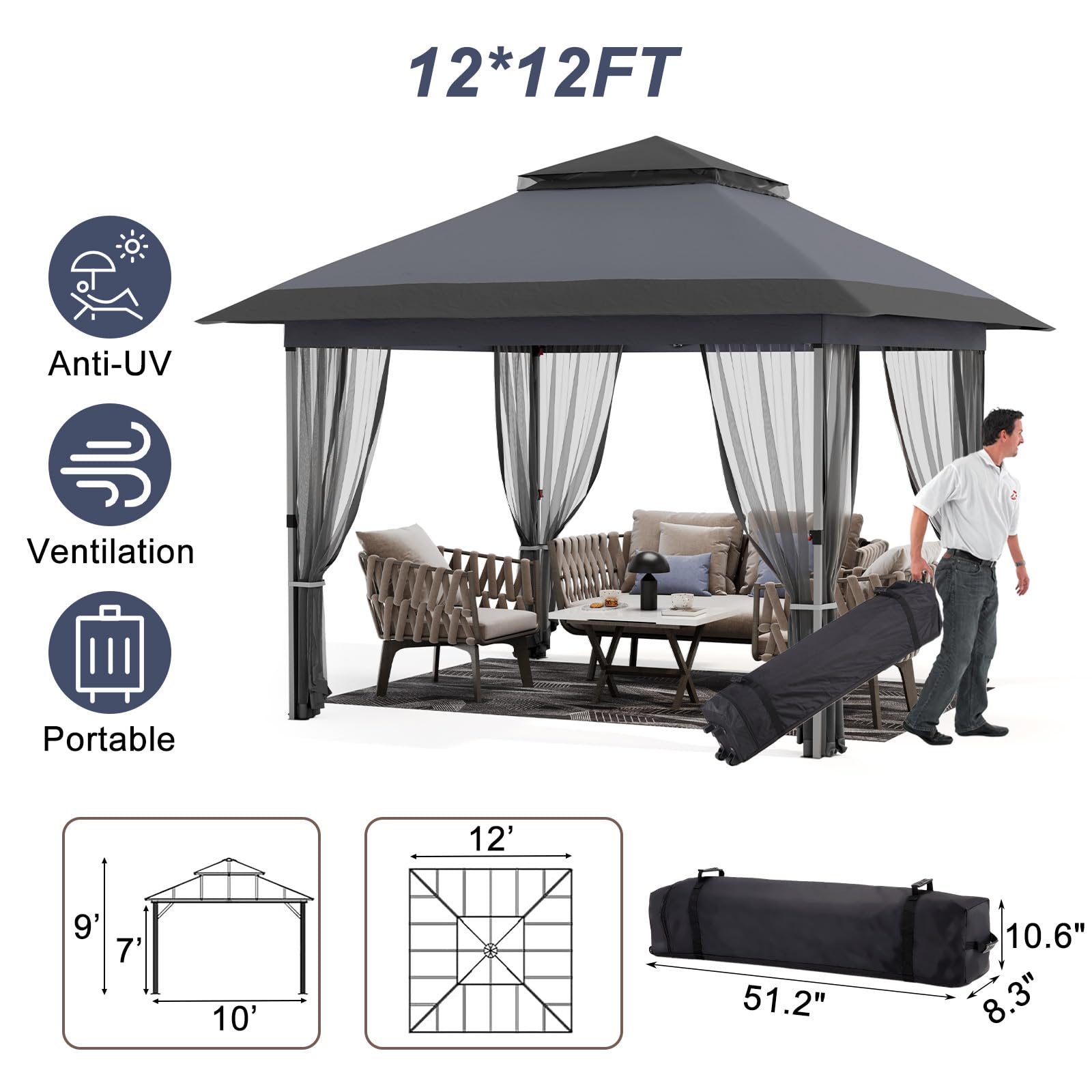 12 by 12 foot gazebo with anti UV ventilation and portable carry bag details