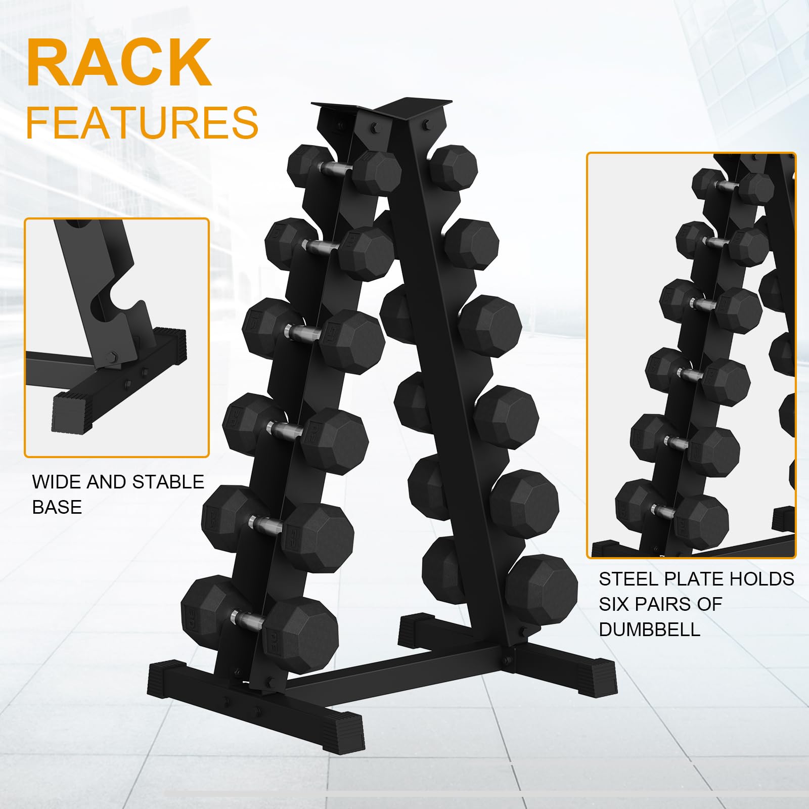 A-frame steel dumbbell rack with wide stable base