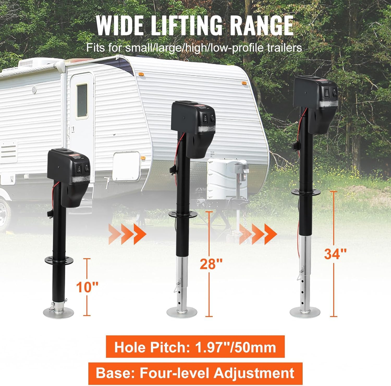 Wide lifting range electric trailer jack with adjustable height