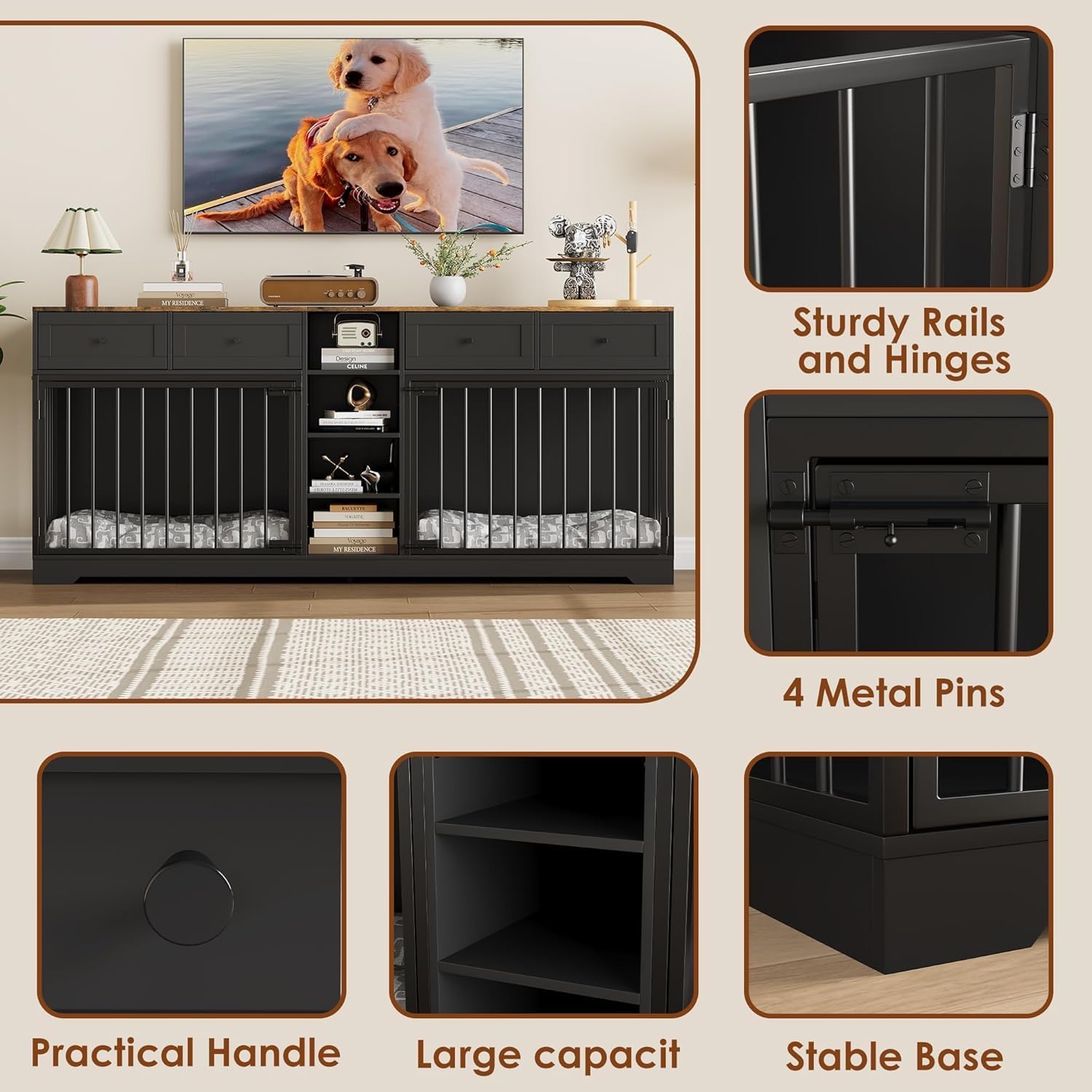 Sturdy rails, hinges, and lockable latches for pet safety
